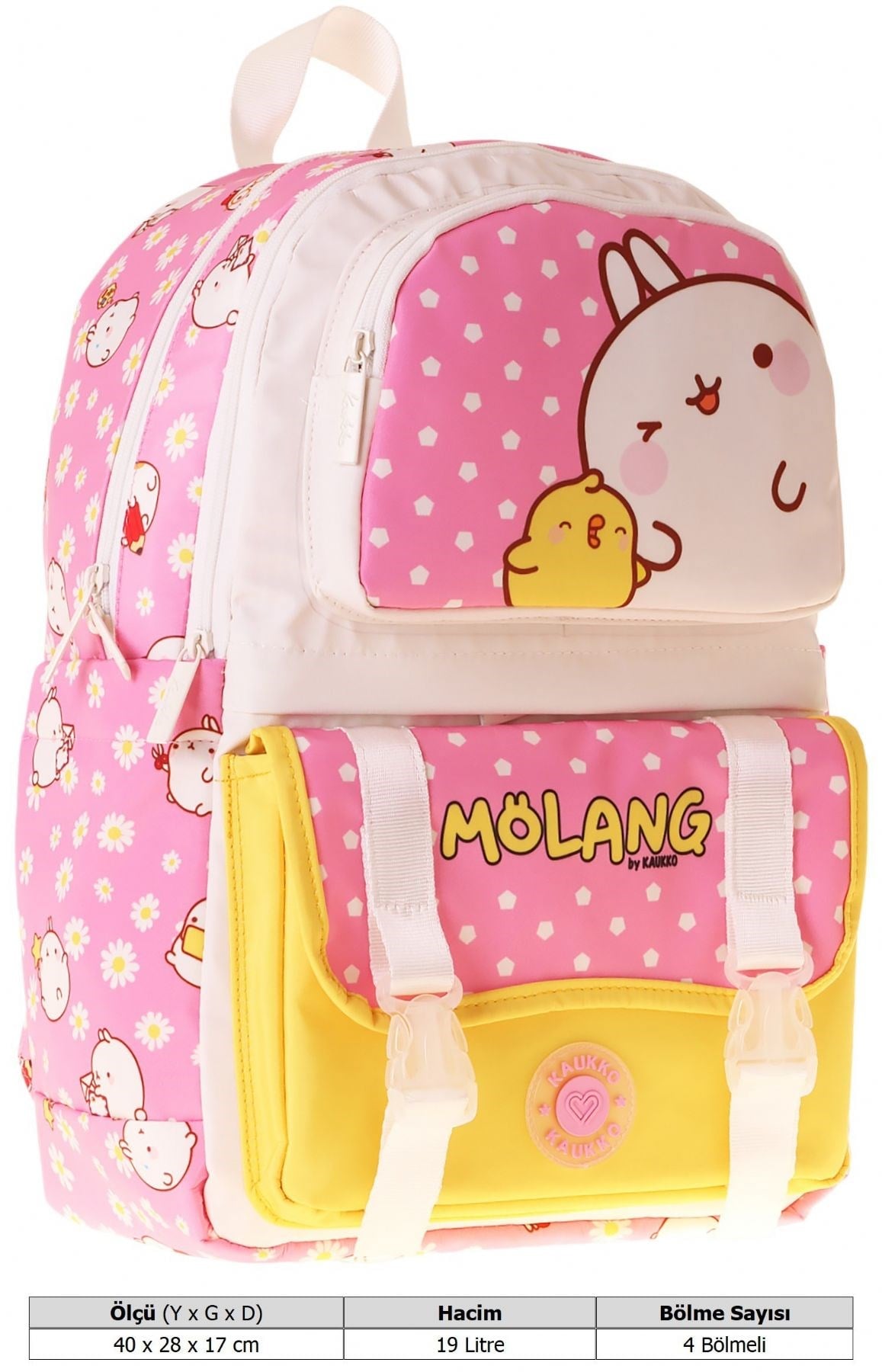 Kaukko Kids Dört Bölmeli Kız Çocuk Molang Baskılı Pembe - Sarı Okul Sırt Çantası - L5318