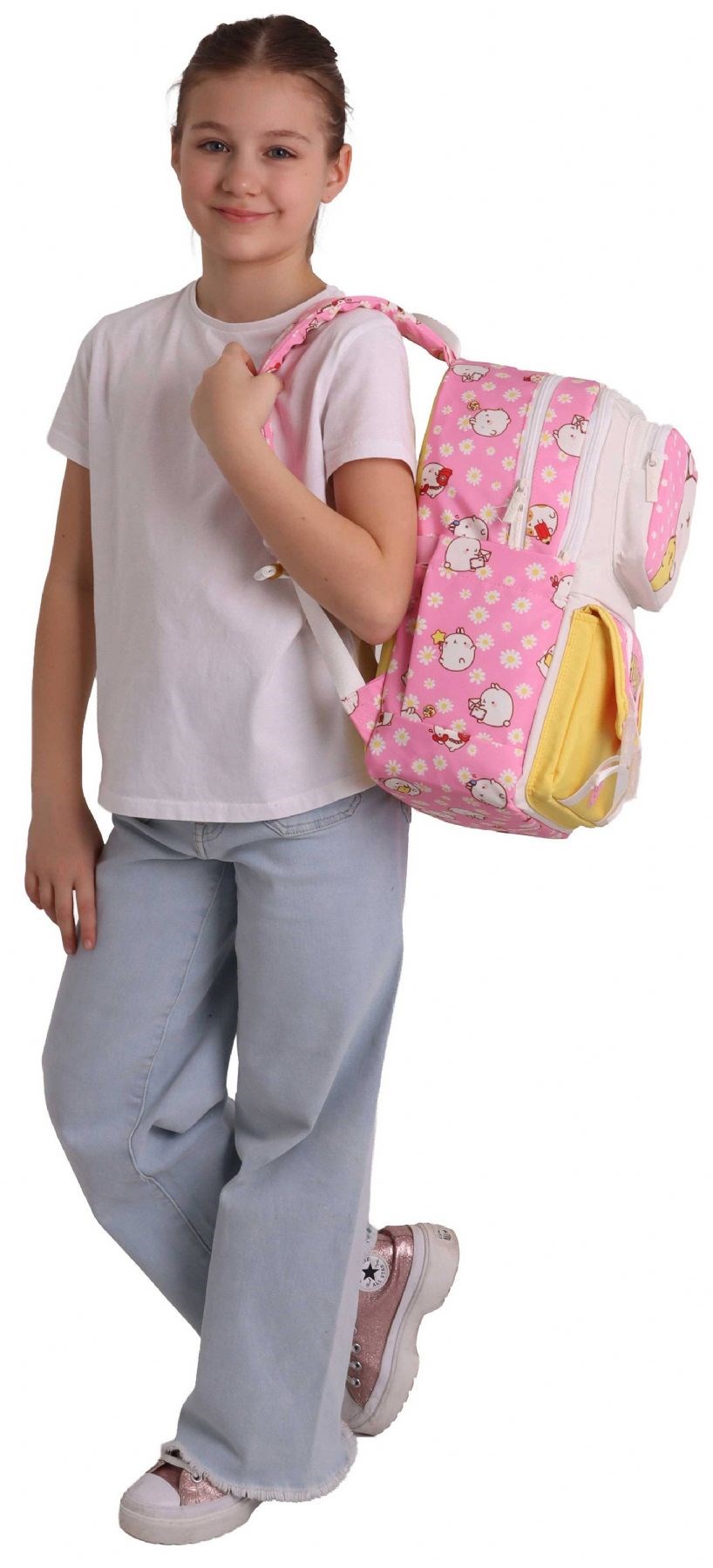 Kaukko Kids Dört Bölmeli Kız Çocuk Molang Baskılı Pembe - Sarı Okul Sırt Çantası - L5318