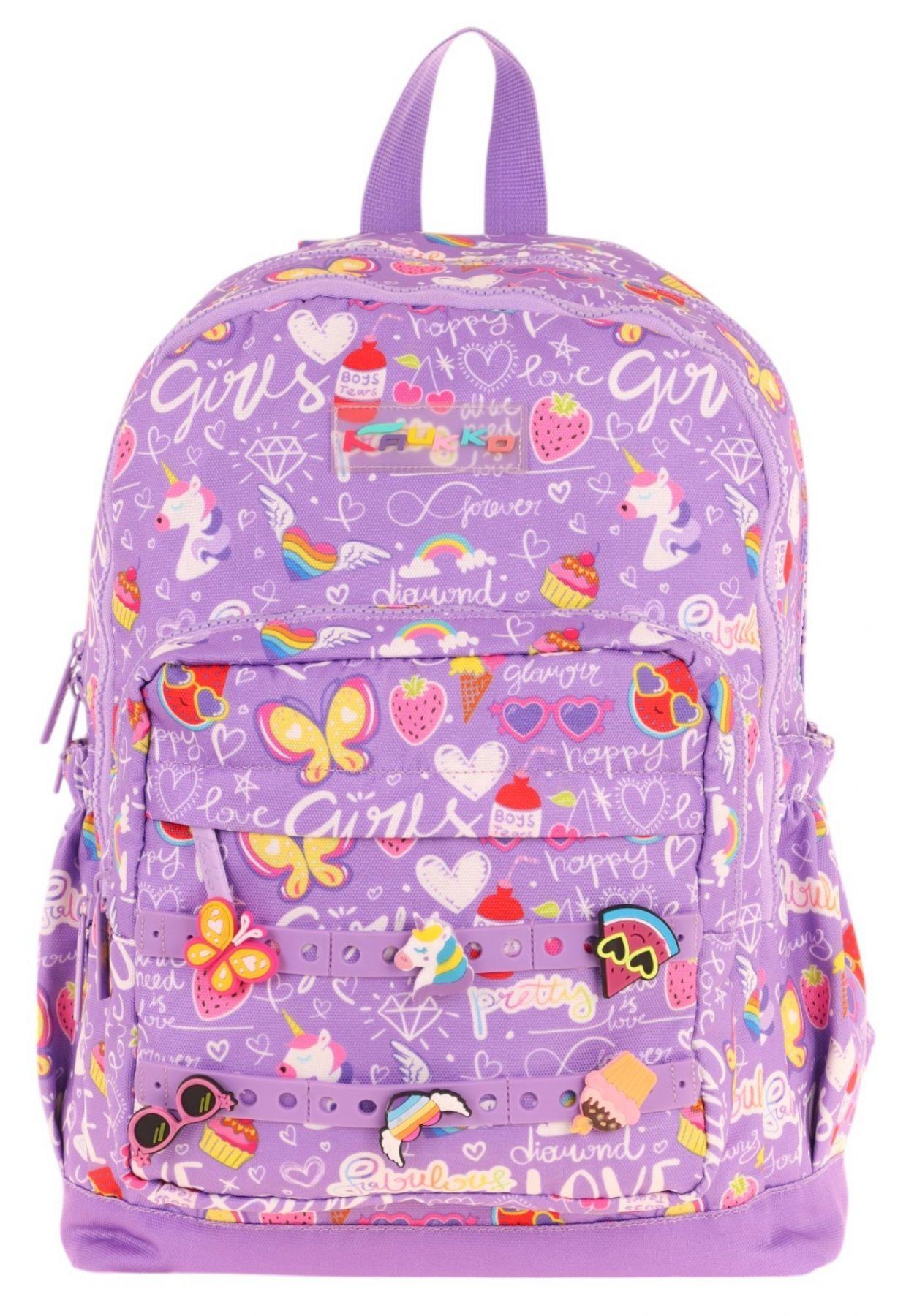 Kaukko Kids Dört Bölmeli Kız Çocuk Silikon Aksesuarlı Mor İlkokul Çantası