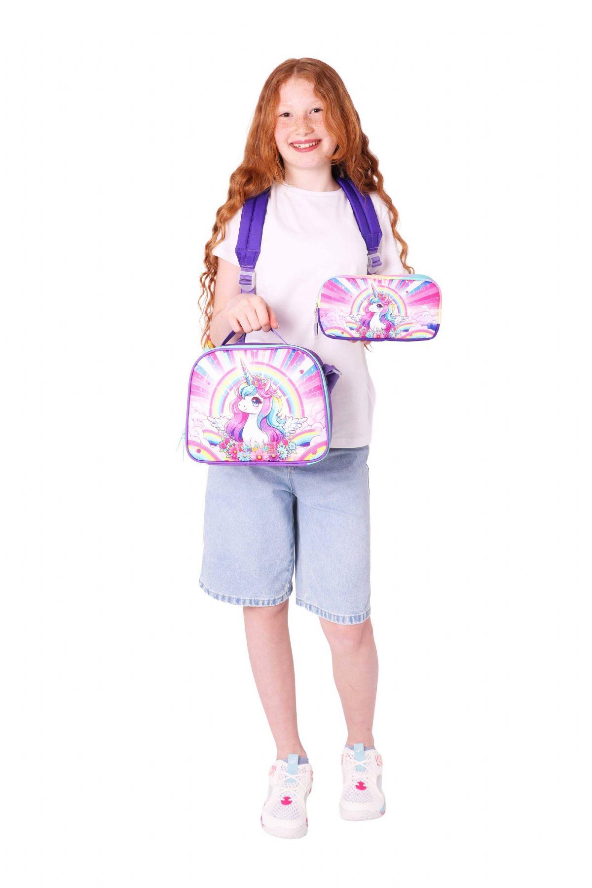 Kaukko Kids Dört Bölmeli Okul Çantası + Beslenme +Kalemlik Seti (Unicorn - Kız Çocuk - Pembe Mor)
