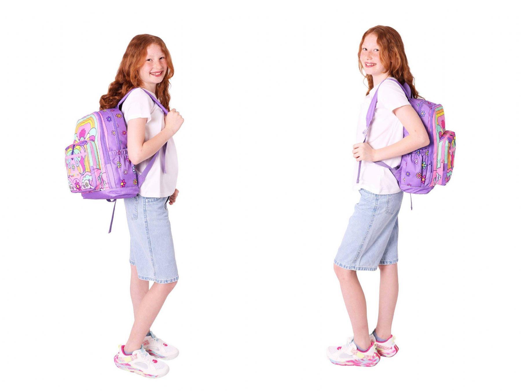Kaukko Kids Dört Bölmeli Okul Çantası + Beslenme +Kalemlik Seti (Kelebek - Kız Çocuk - Mor Pembe)