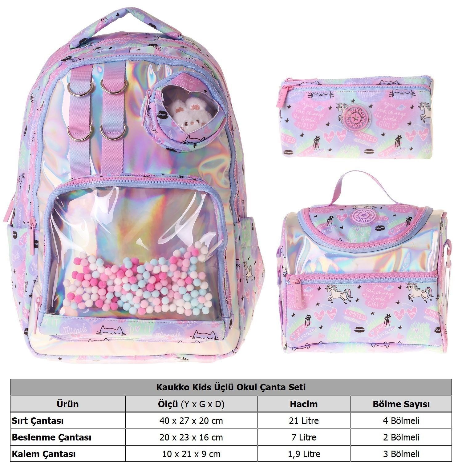 Kaukko Kids Dream(Çok Renkli Renk) Kız Çocuk Üçlü İlkokul Okul Çantası Seti/Takımı - SETKK-L5343A
