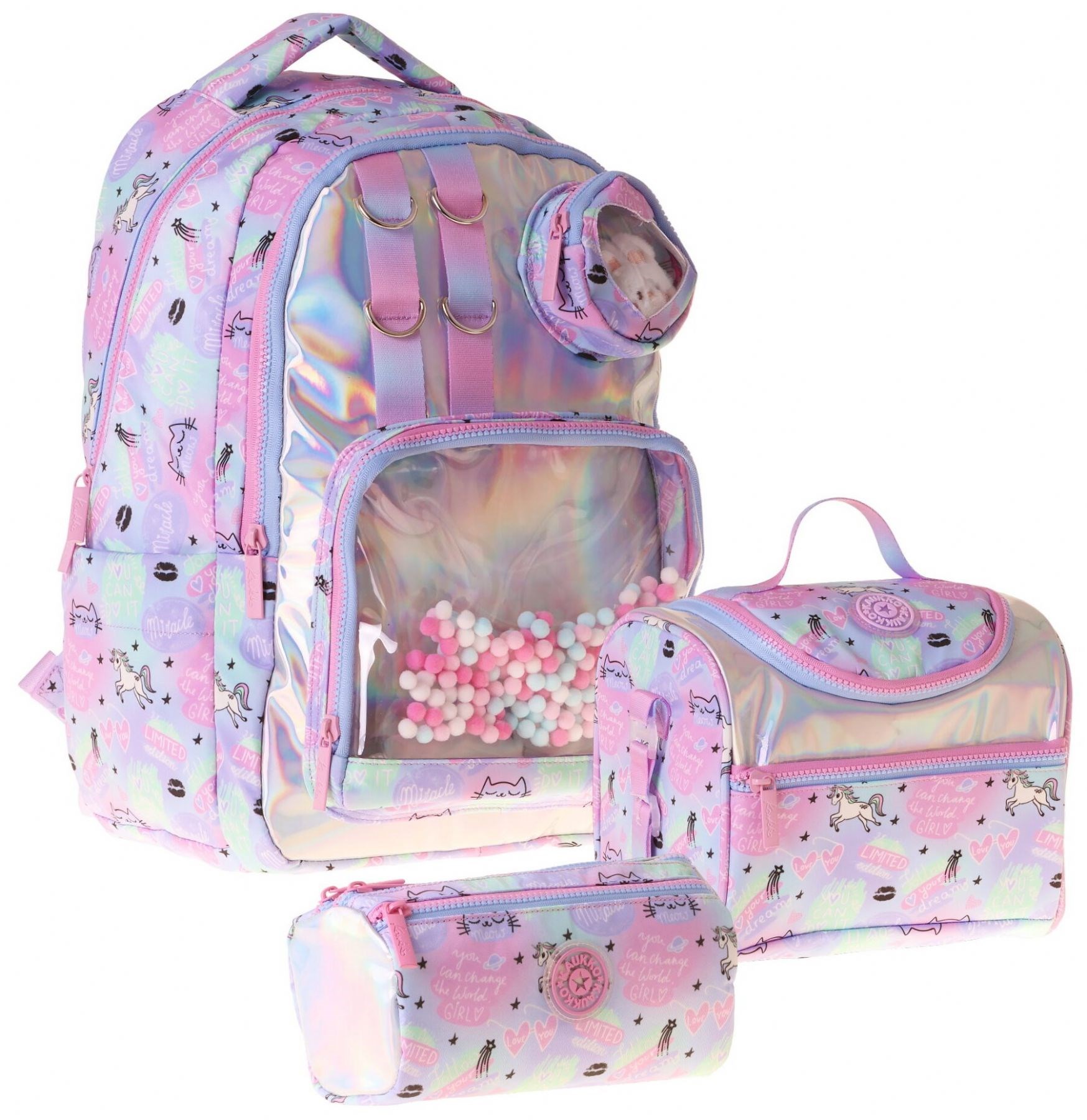 Kaukko Kids Dream(Çok Renkli Renk) Kız Çocuk Üçlü İlkokul Okul Çantası Seti/Takımı - SETKK-L5343A