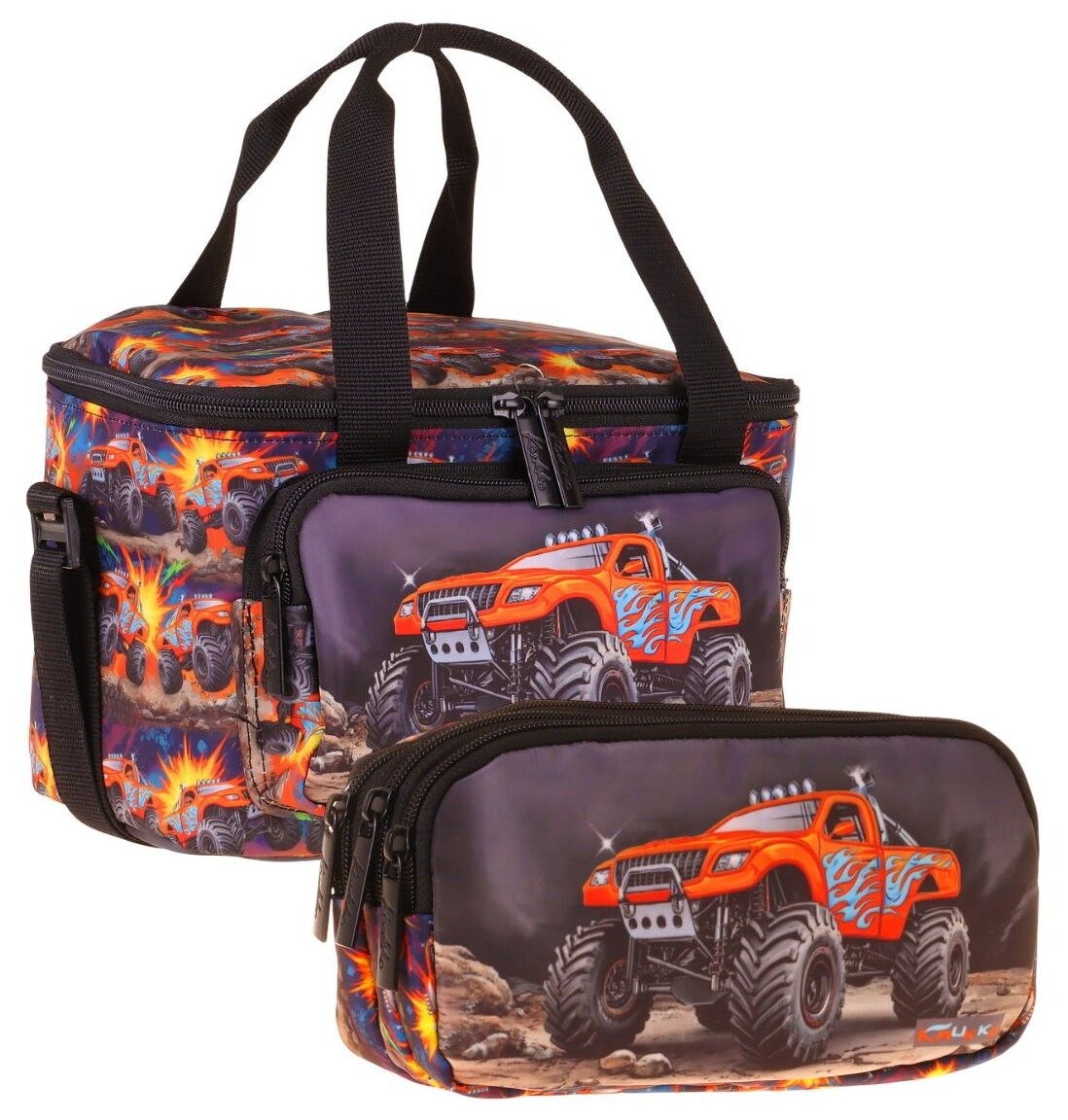 Kaukko Kids Erkek Çocuk Arazi Aracı Baskılı Siyah - Kırmızı Thermo Beslenme Çantası ve Kalemlik Seti - SETKK-L5360