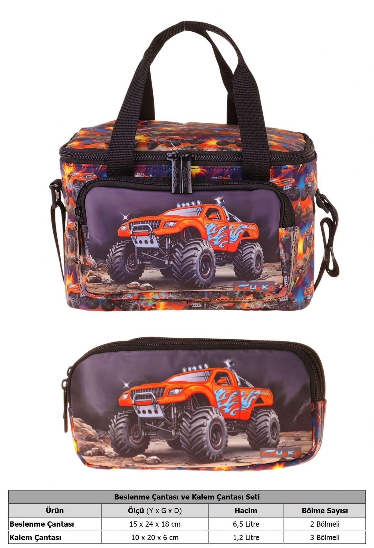 Kaukko Kids Erkek Çocuk Arazi Aracı Baskılı Siyah - Kırmızı Thermo Beslenme Çantası ve Kalemlik Seti - SETKK-L5360