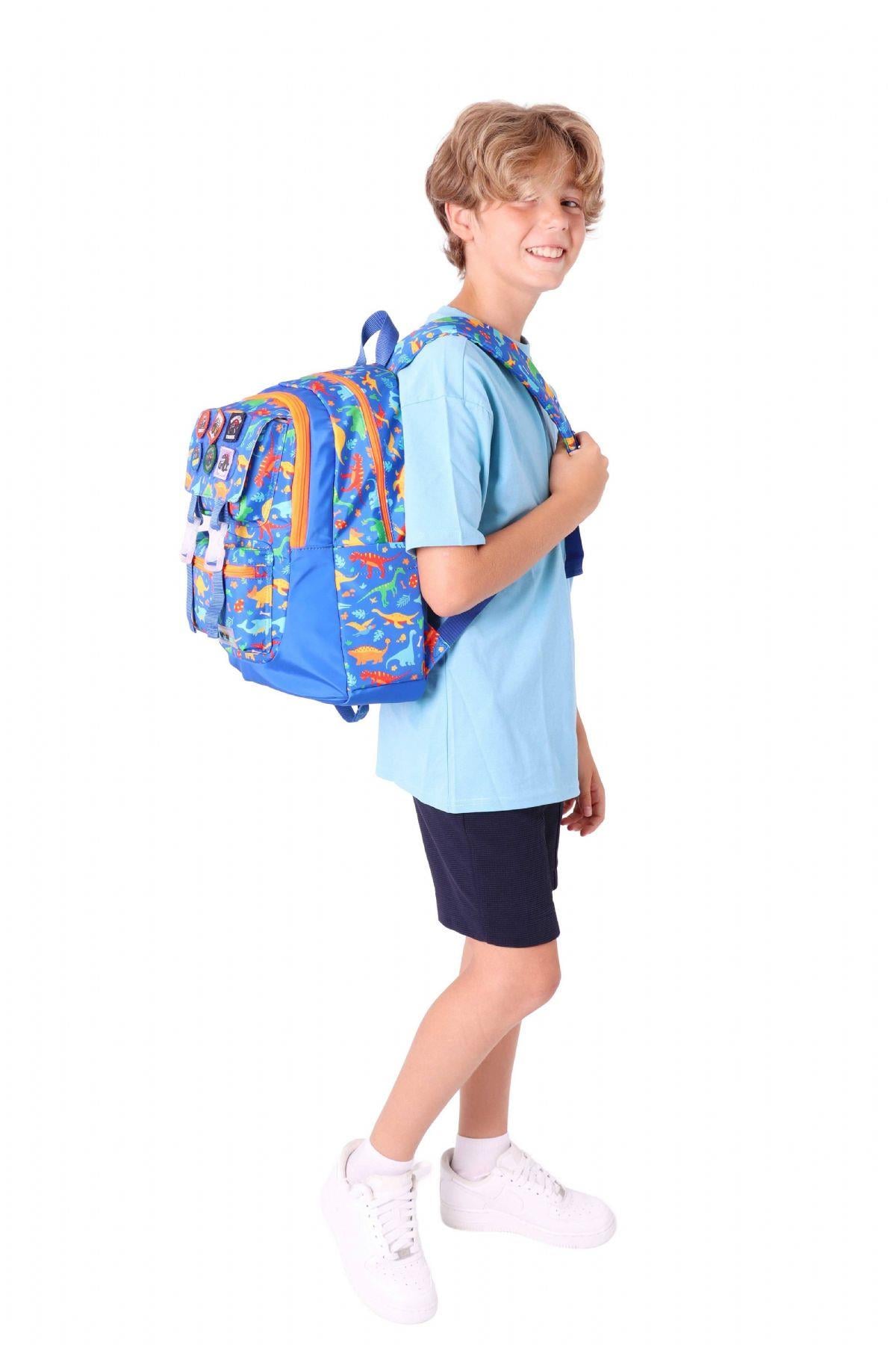Kaukko Kids Erkek Çocuk Armalı Dinazor Desenli İlkokul Okul Sırt Çantası (Dört Bölmeli) - Mavi - L5278