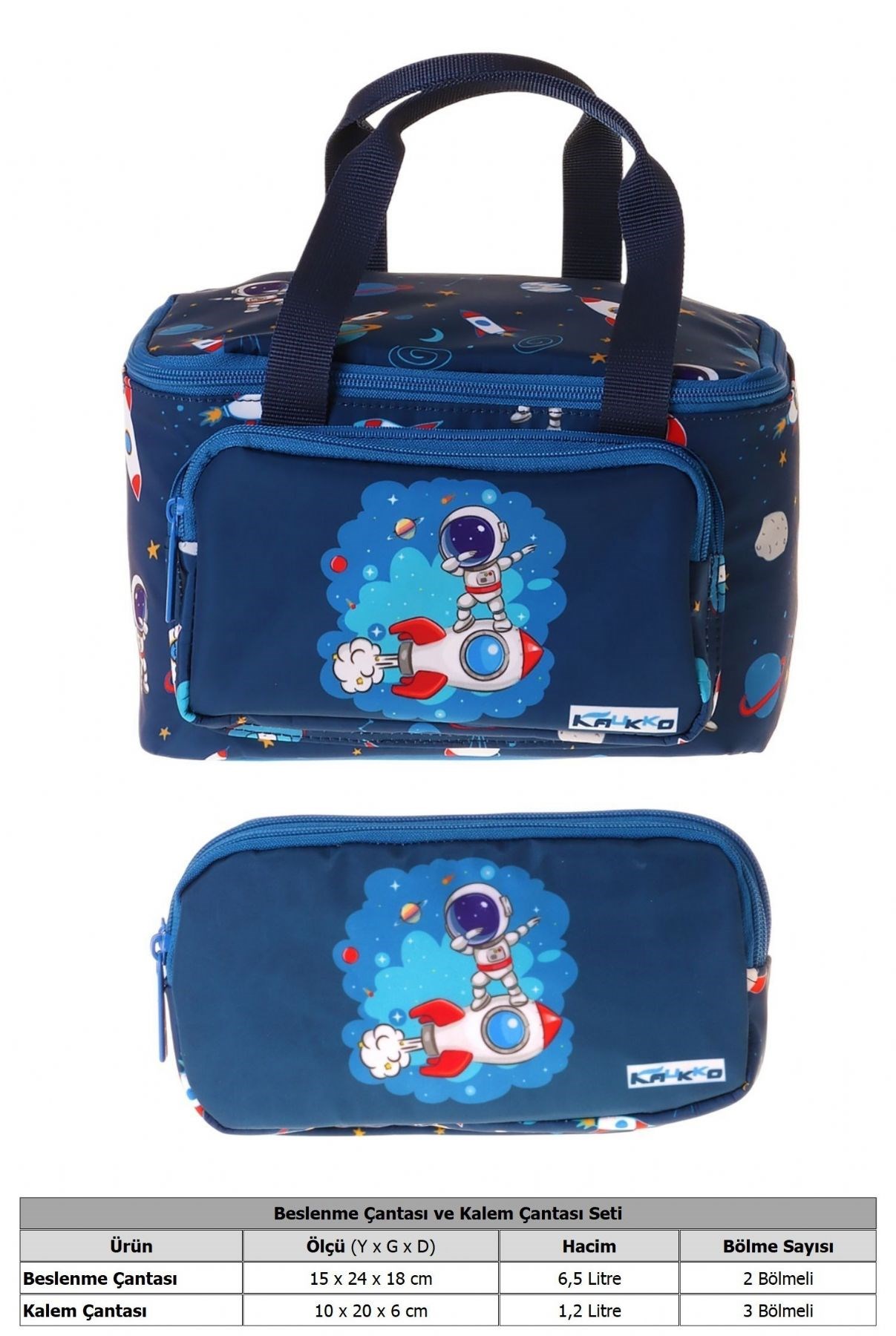 Kaukko Kids Erkek Çocuk Astronot Baskılı Lacivert Thermo Beslenme Çantası ve Kalemlik Seti - SETKK-L5365