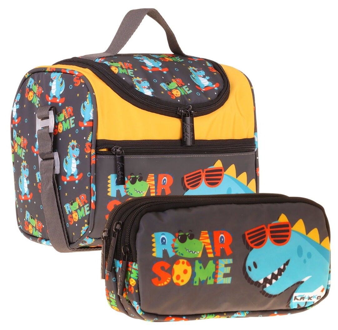 Kaukko Kids Erkek Çocuk Dinazor Roar Some Baskılı Sarı - Mavi Thermo Beslenme Çantası ve Kalemlik Seti - SETKK-L5395