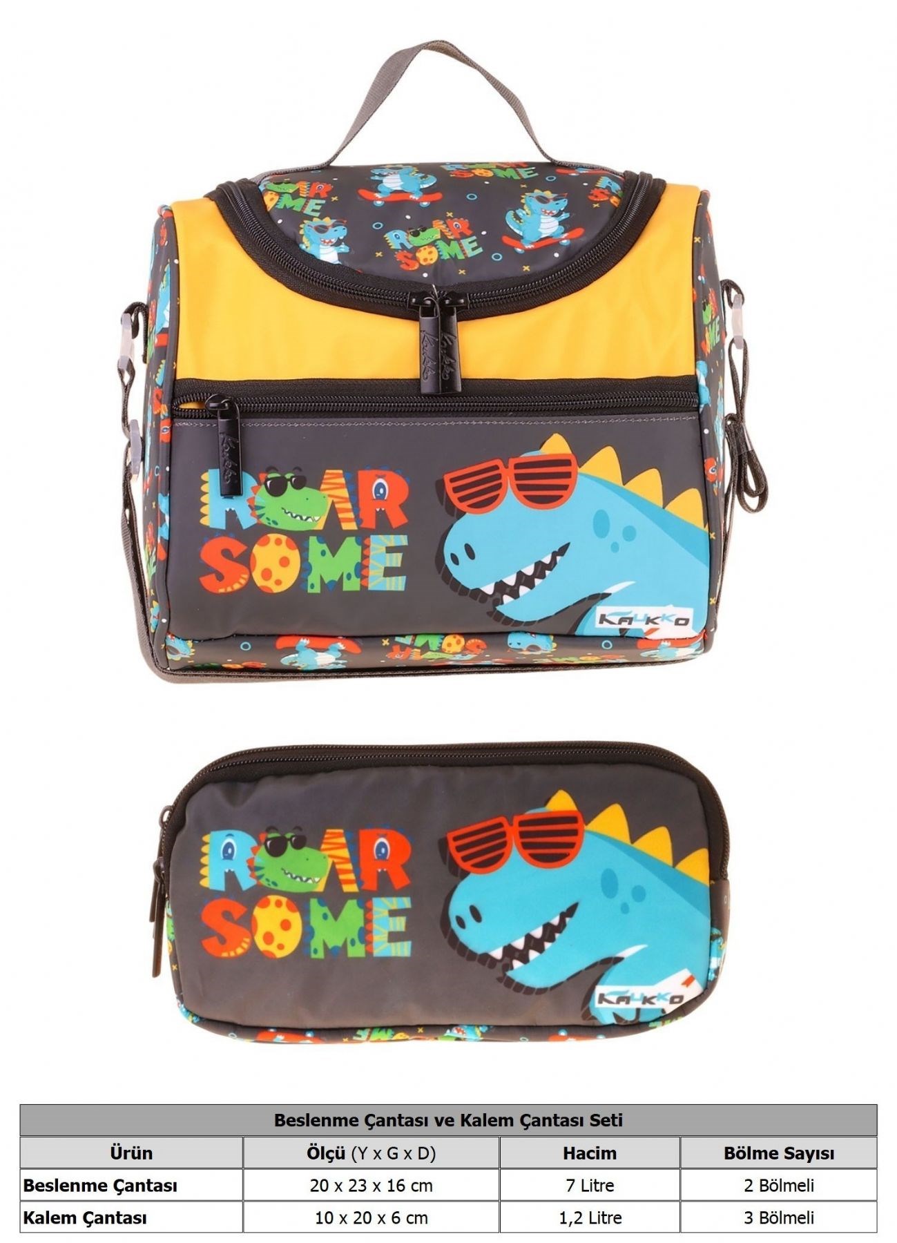 Kaukko Kids Erkek Çocuk Dinazor Roar Some Baskılı Sarı - Mavi Thermo Beslenme Çantası ve Kalemlik Seti - SETKK-L5395