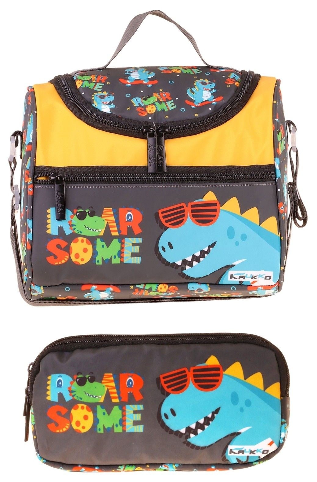 Kaukko Kids Erkek Çocuk Dinazor Roar Some Baskılı Sarı - Mavi Thermo Beslenme Çantası ve Kalemlik Seti - SETKK-L5395