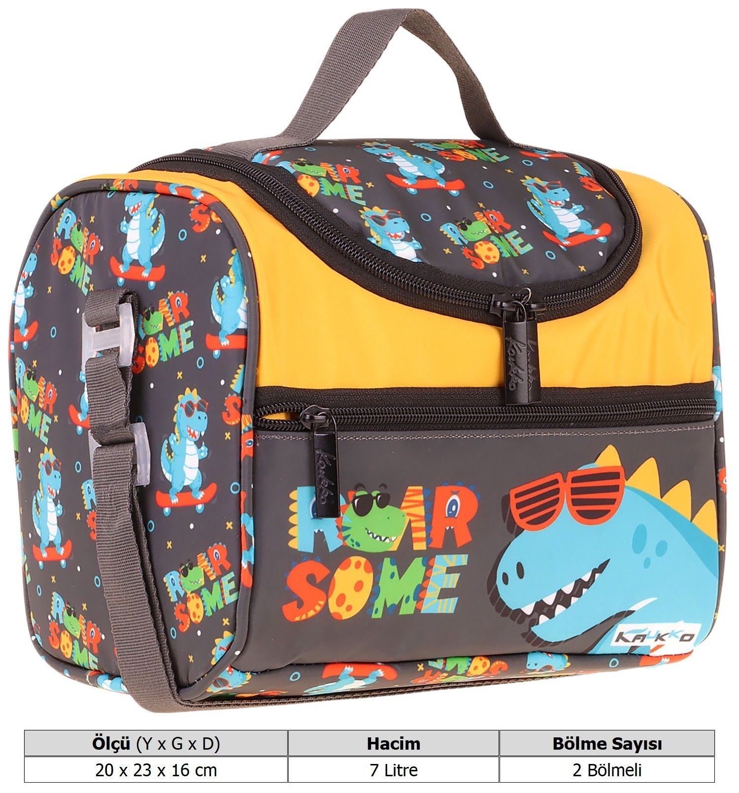 Kaukko Kids Erkek Çocuk Dinazor Roar Some Baskılı Isı Yalıtımlı Okul Beslenme Çantası (Sarı - Mavi) - L5395