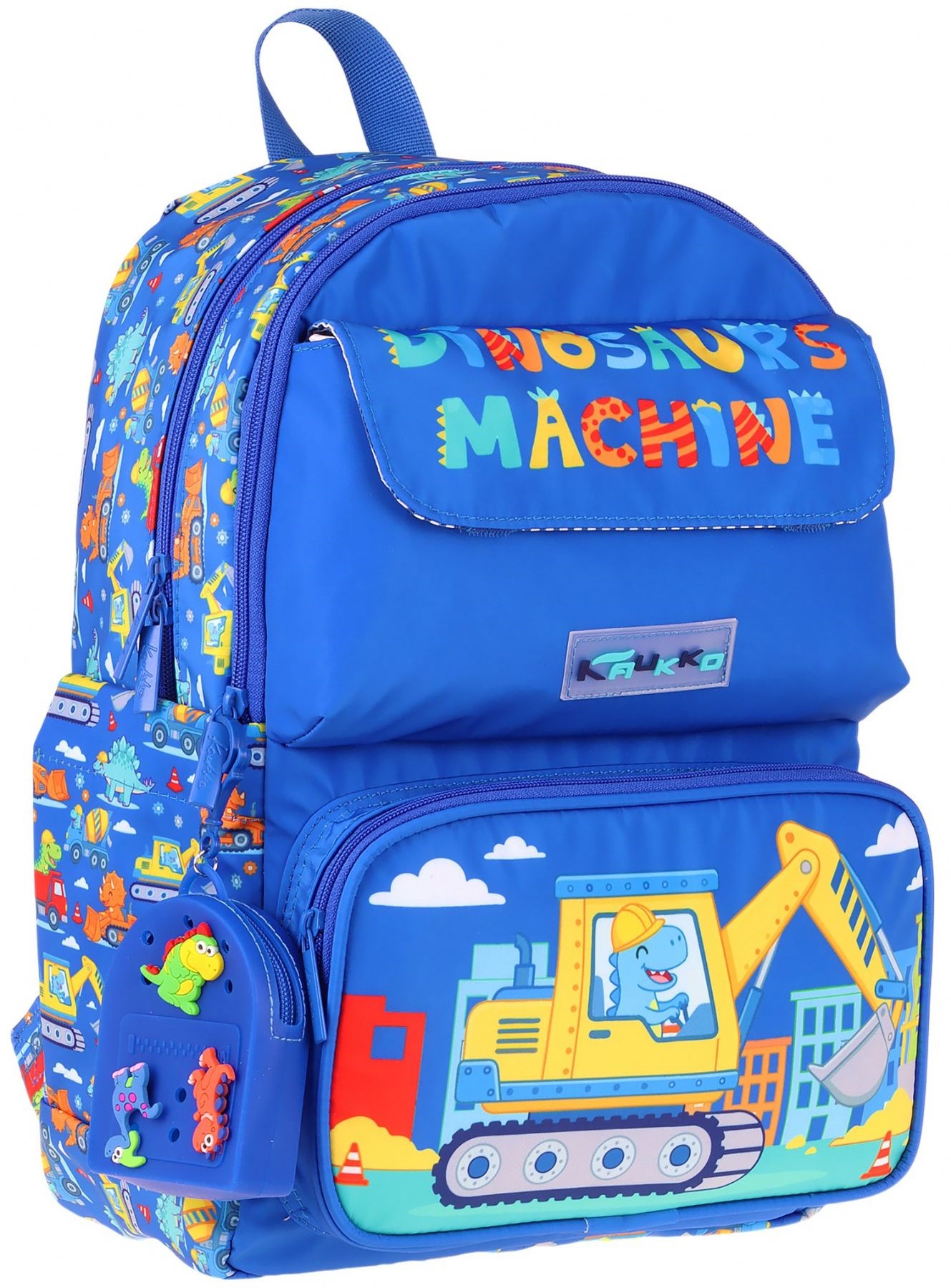 Kaukko Kids Erkek Çocuk Dinazor ve İş Makinesi Baskılı Okul Çantası - Mavi - Sarı - Mechanic - L5369
