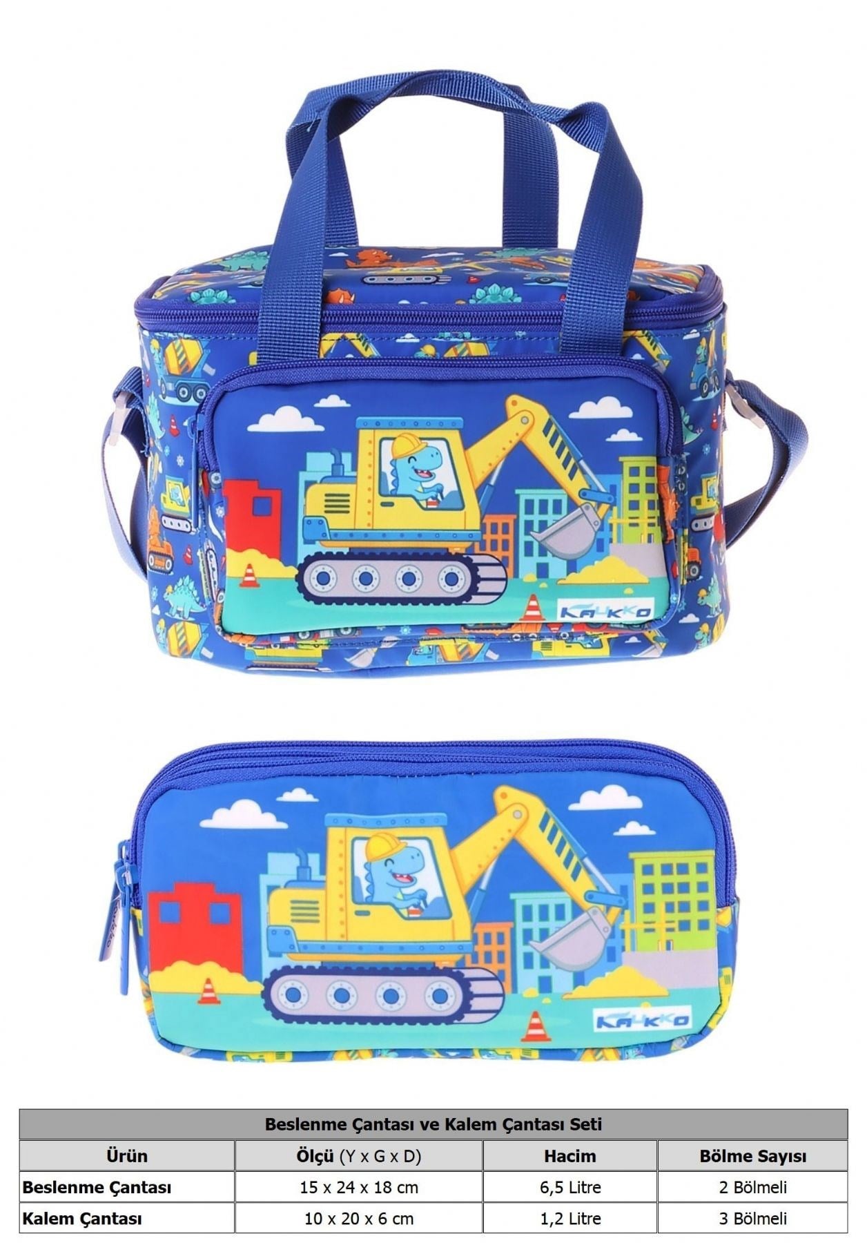 Kaukko Kids Erkek Çocuk Dinazor ve İş Makinesi Baskılı Mavi - Sarı Thermo Beslenme Çantası ve Kalemlik Seti - SETKK-L5370