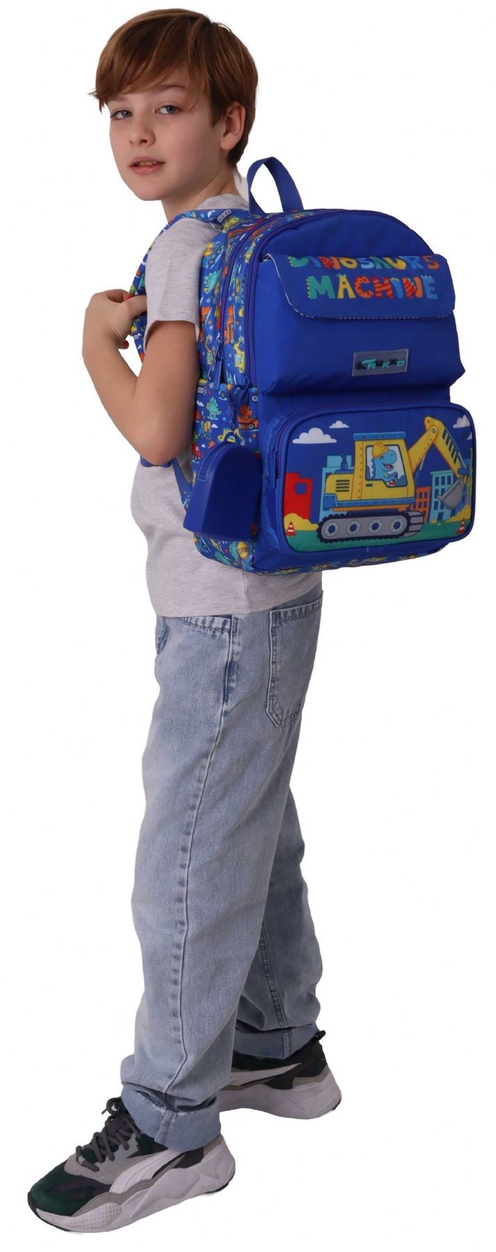 Kaukko Kids Erkek Çocuk Dinazor ve İş Makinesi Baskılı Okul Çantası - Mavi - Sarı - Mechanic - L5369