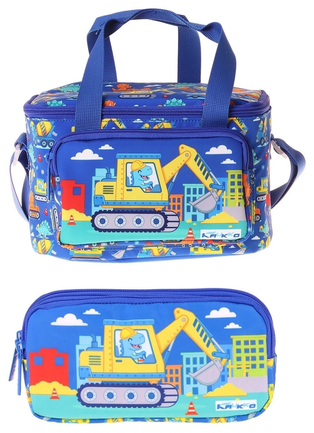 Kaukko Kids Erkek Çocuk Dinazor ve İş Makinesi Baskılı Mavi - Sarı Thermo Beslenme Çantası ve Kalemlik Seti - SETKK-L5370