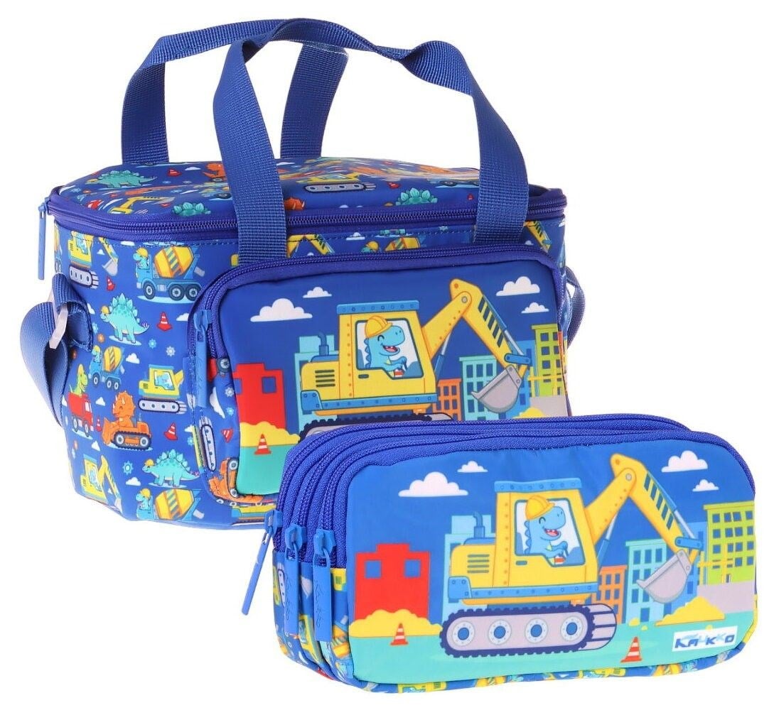 Kaukko Kids Erkek Çocuk Dinazor ve İş Makinesi Baskılı Mavi - Sarı Thermo Beslenme Çantası ve Kalemlik Seti - SETKK-L5370