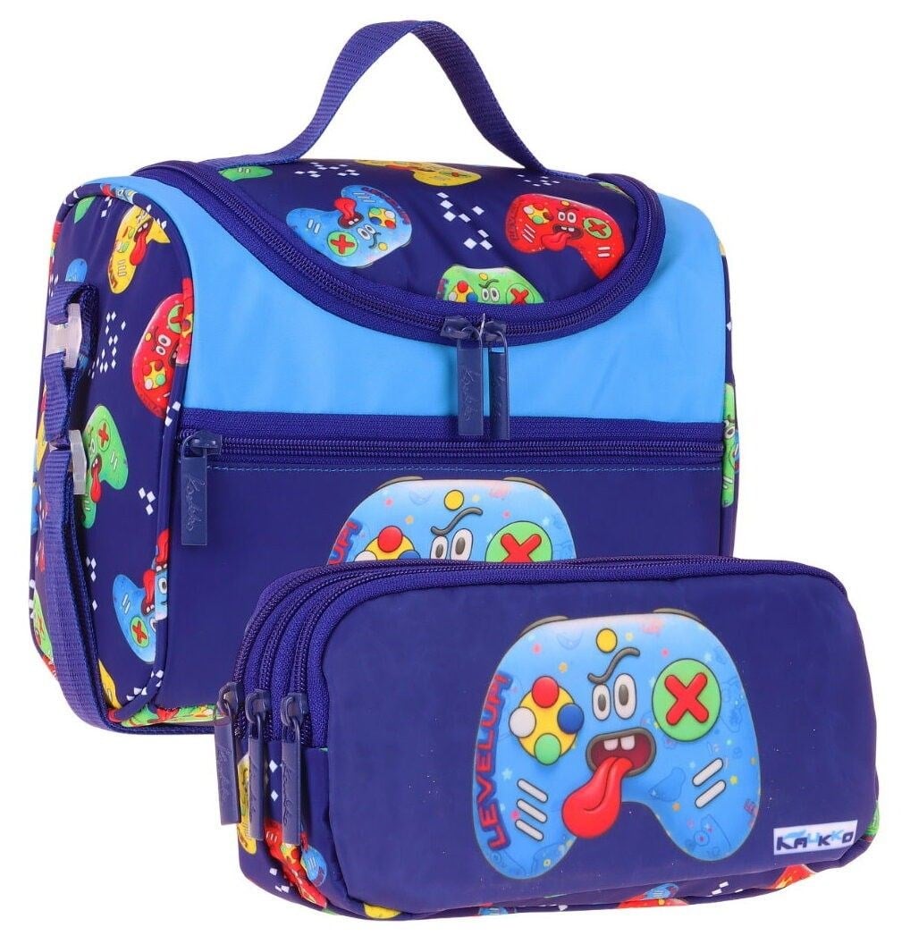 Kaukko Kids Erkek Çocuk Good Game Baskılı Lacivert - Kırmızı Thermo Beslenme Çantası ve Kalemlik Seti - SETKK-L5390