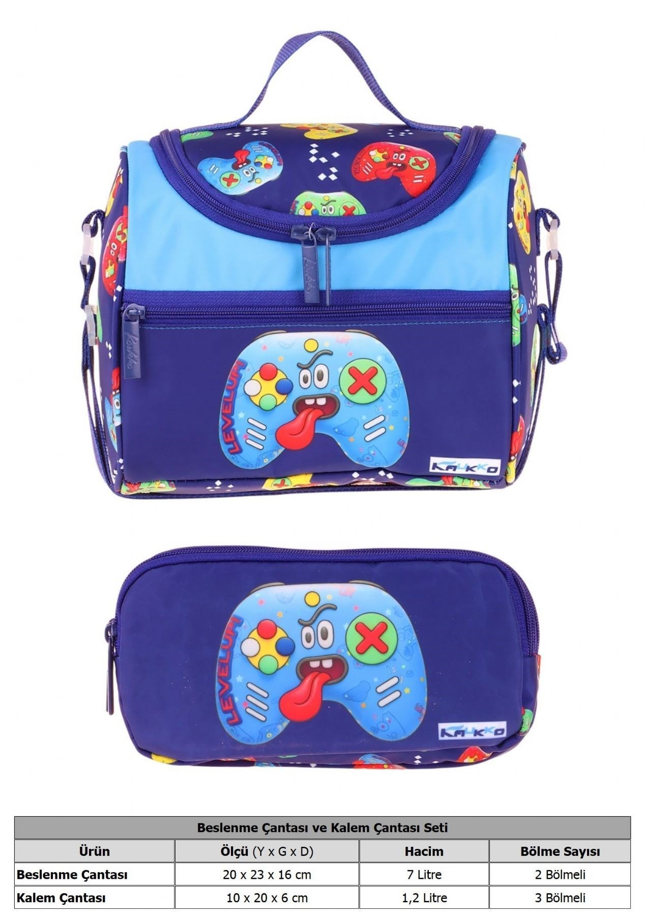 Kaukko Kids Erkek Çocuk Good Game Baskılı Lacivert - Kırmızı Thermo Beslenme Çantası ve Kalemlik Seti - SETKK-L5390