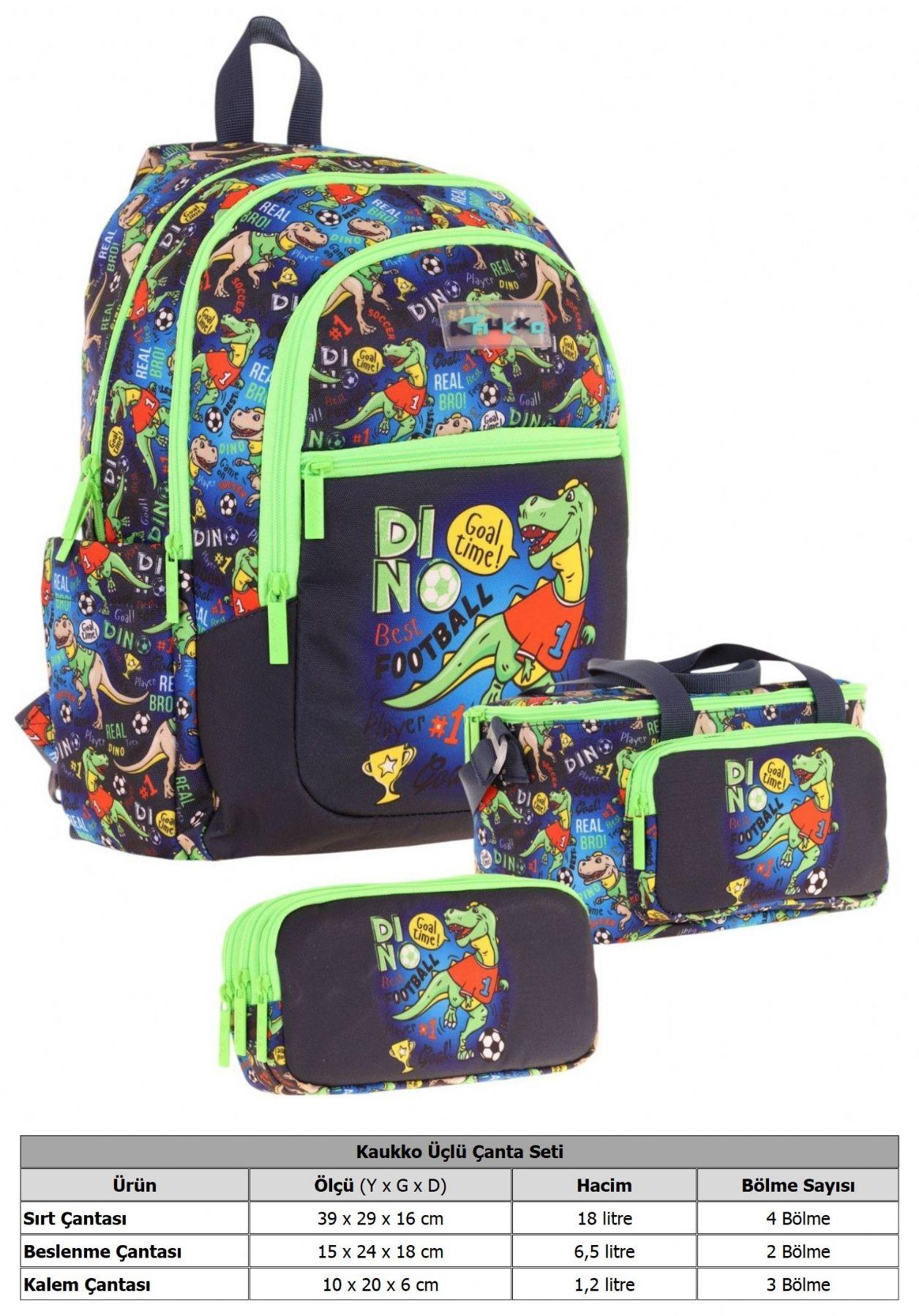 Kaukko Kids Erkek Çocuk İçin Siyah Yeşil Renkli Dinazor DesenliÜçlü Okul Çanta Kombinasyonu