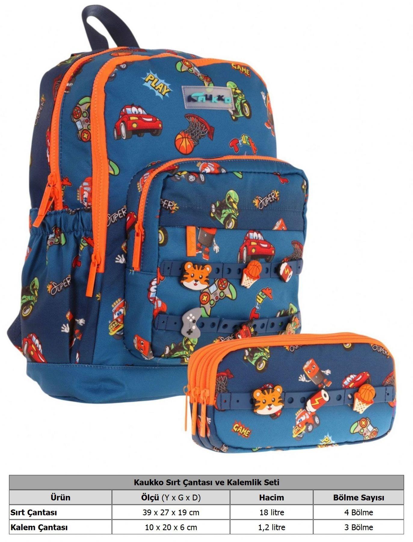 Kaukko Kids Erkek Çocuk Lacivert Turuncu Okul Çantası ve Üç Bölmeli Kalemlik Seti - Silikon Aksesuarlı