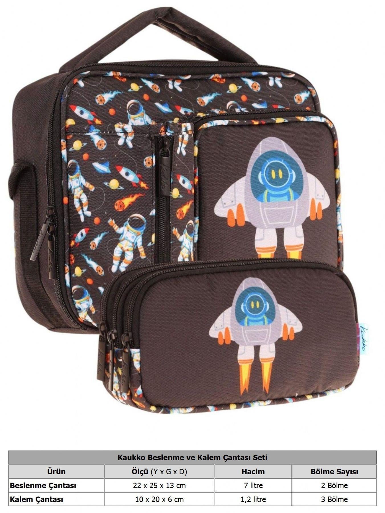 Kaukko Kids Erkek Çocuk Siyah Roket Baskılı Üç Bölmeli Thermo Beslenme Çantası ve Kalemlik Seti (L7264+L8264)