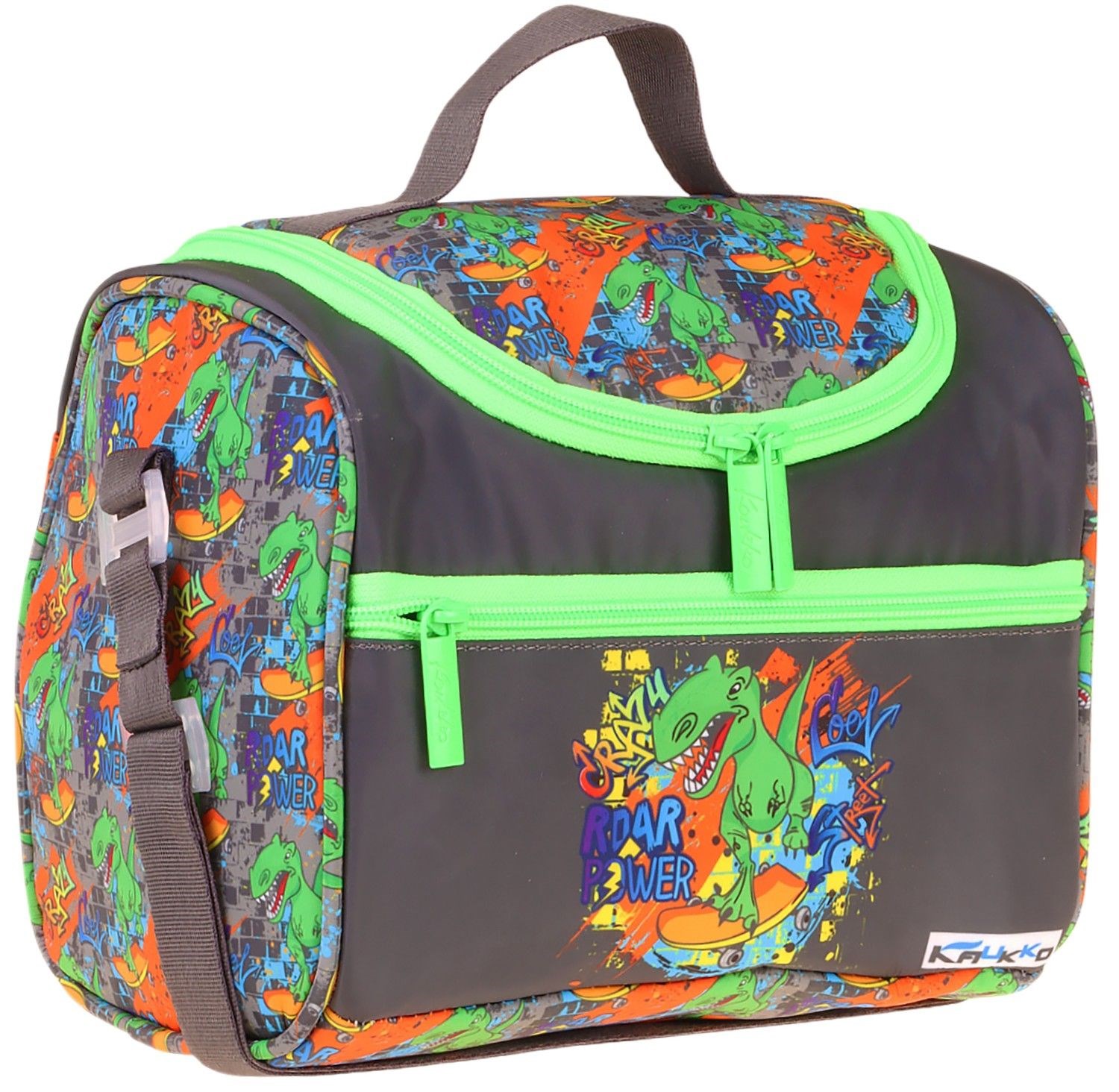 Kaukko Kids Erkek Çocuk Street Dinazor Baskılı Isı Yalıtımlı Okul Beslenme Çantası (Siyah - Yeşil) - L5415