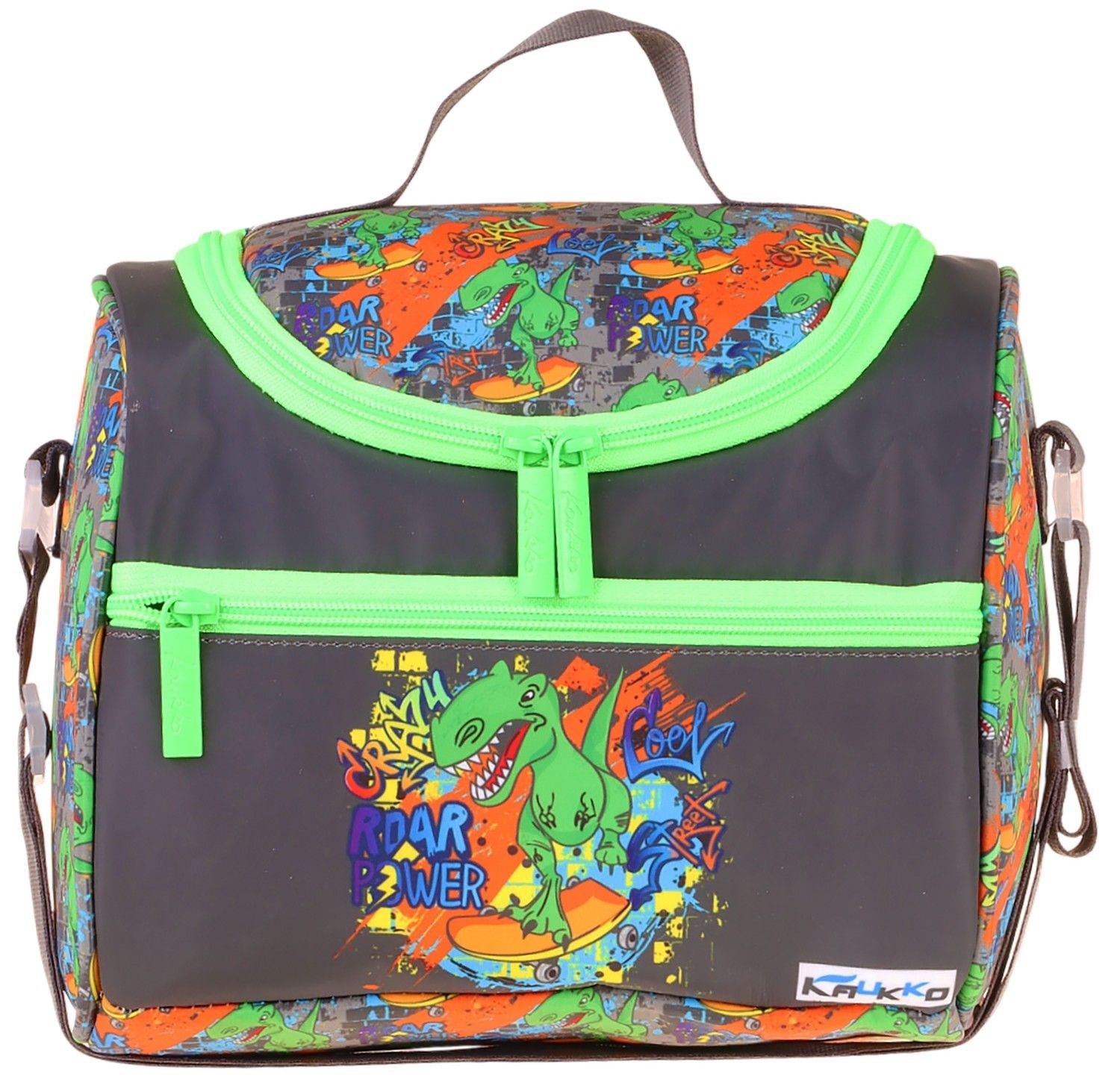 Kaukko Kids Erkek Çocuk Street Dinazor Baskılı Isı Yalıtımlı Okul Beslenme Çantası (Siyah - Yeşil) - L5415