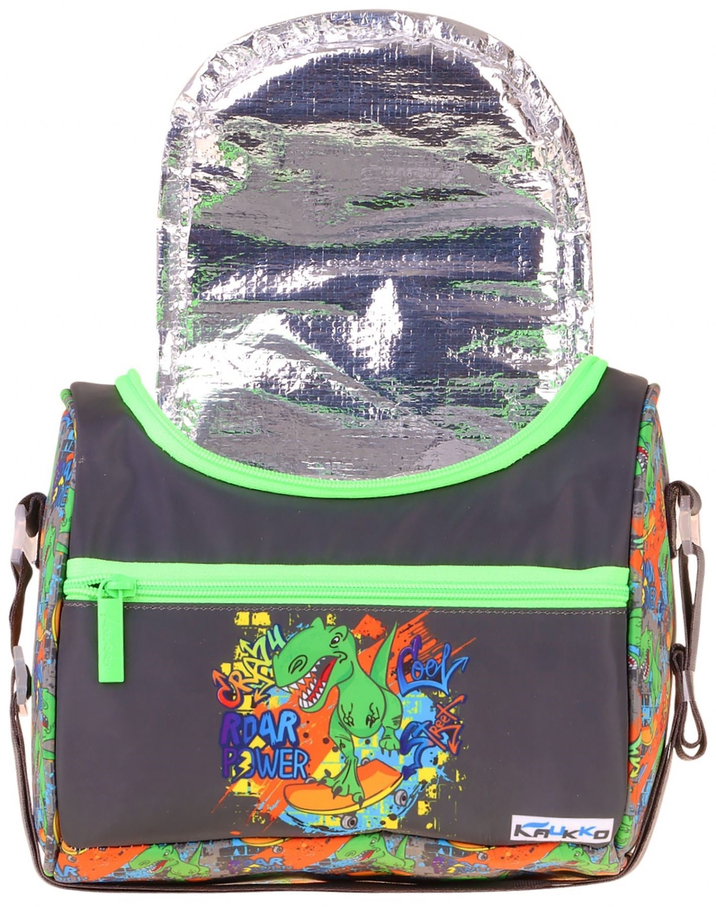Kaukko Kids Erkek Çocuk Street Dinazor Baskılı Isı Yalıtımlı Okul Beslenme Çantası (Siyah - Yeşil) - L5415