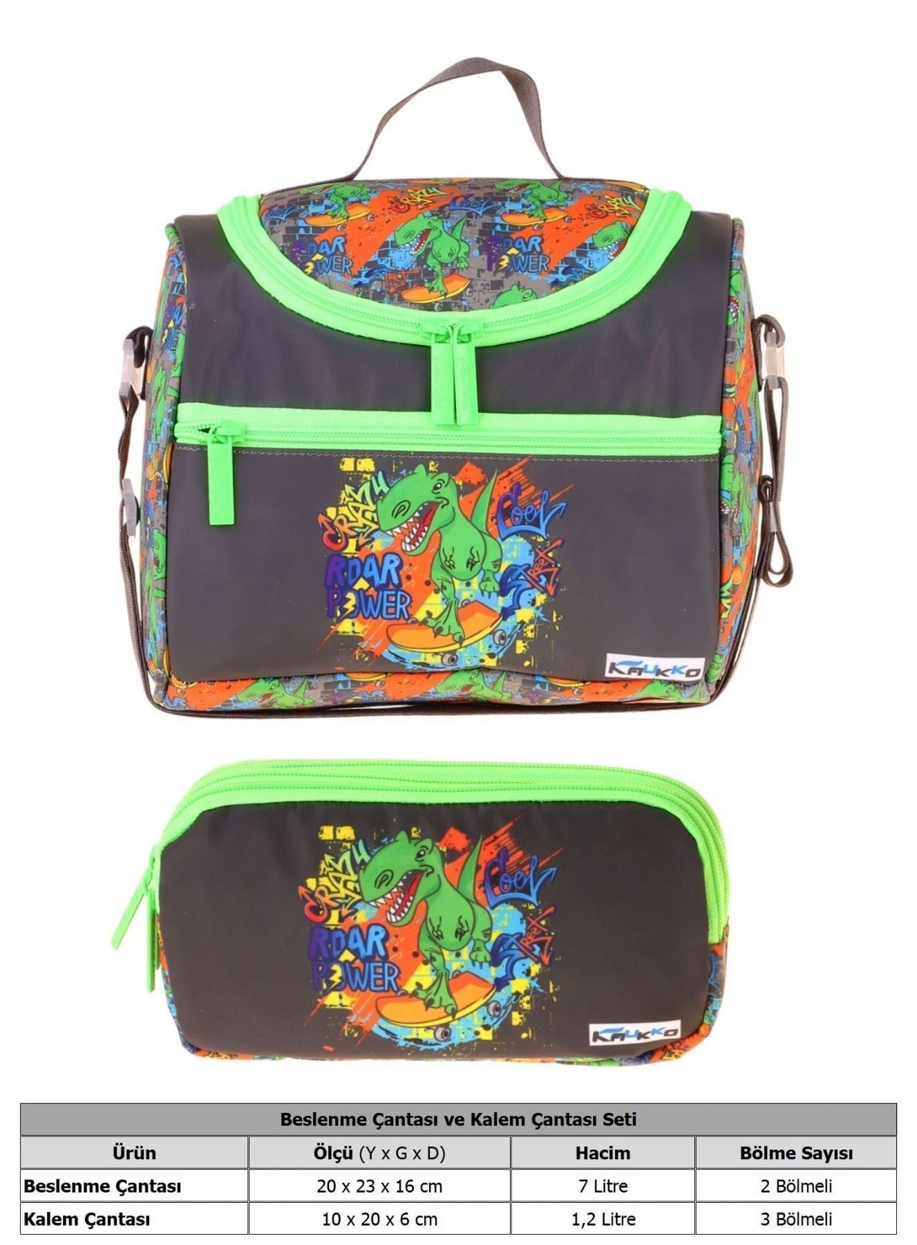 Kaukko Kids Erkek Çocuk Street Dinazor Baskılı Siyah - Yeşil Thermo Beslenme Çantası ve Kalemlik Seti - SETKK-L5415
