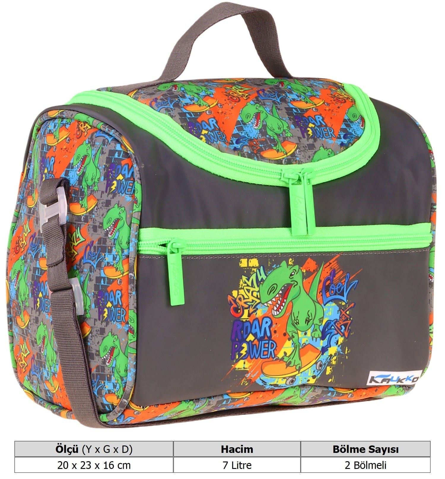 Kaukko Kids Erkek Çocuk Street Dinazor Baskılı Isı Yalıtımlı Okul Beslenme Çantası (Siyah - Yeşil) - L5415