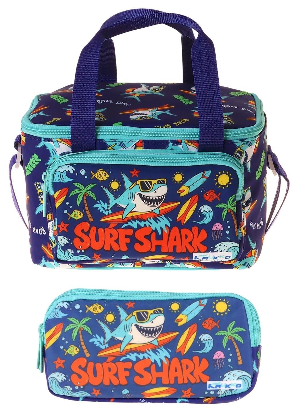 Kaukko Kids Erkek Çocuk Süper Köpekbalığı Baskılı Yeşil - Lacivert Thermo Beslenme Çantası ve Kalemlik Seti - SETKK-L5355