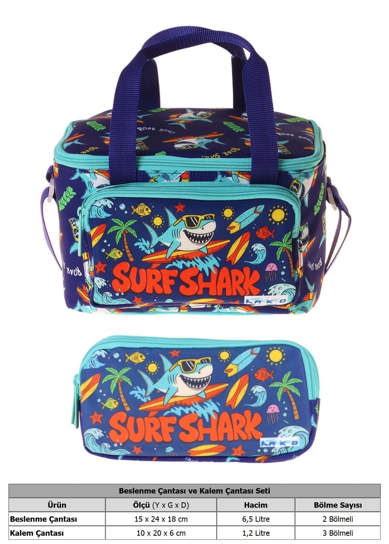 Kaukko Kids Erkek Çocuk Süper Köpekbalığı Baskılı Yeşil - Lacivert Thermo Beslenme Çantası ve Kalemlik Seti - SETKK-L5355