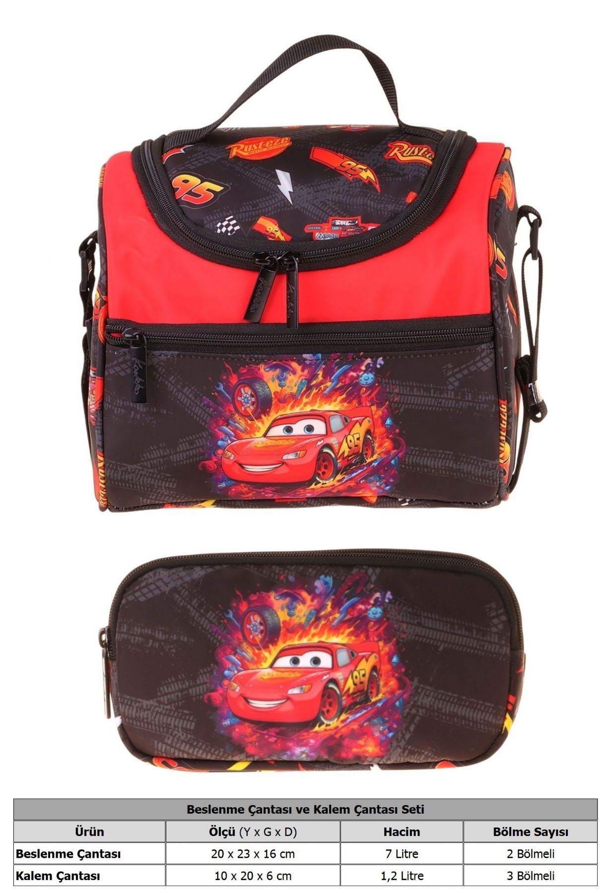 Kaukko Kids Erkek Çocuk Yarış Arabası Baskılı Kırmızı - Siyah Thermo Beslenme Çantası ve Kalemlik Seti - SETKK-L5400