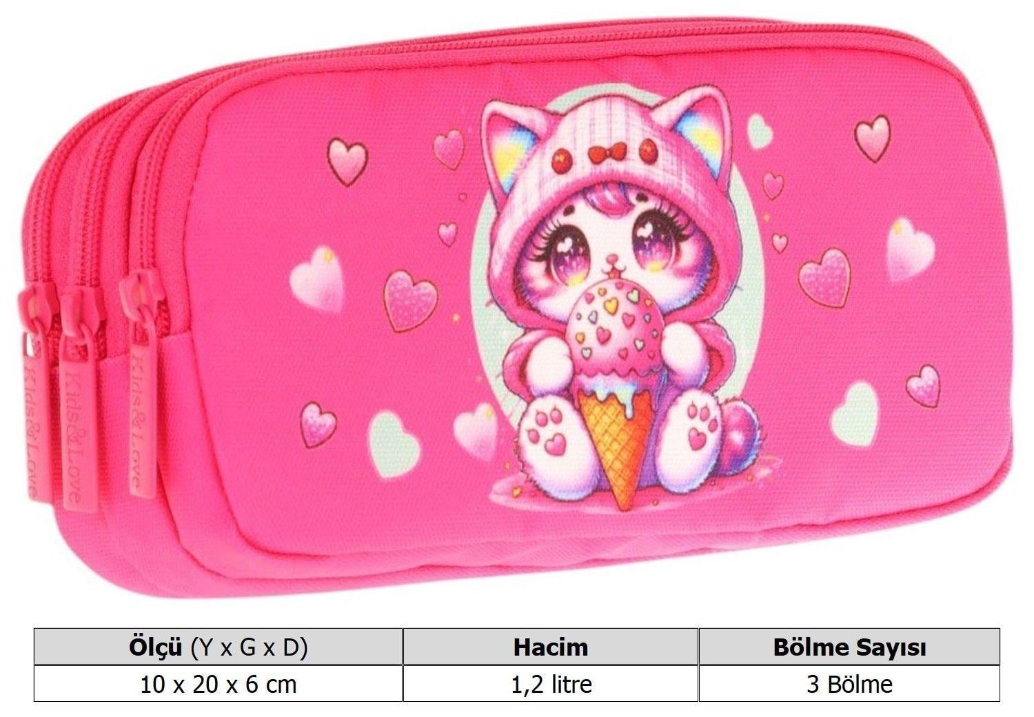 Kaukko Kids Fuşya, Dondurma Yiyen Kedi, Kız Çocuk Üç Gözlü Okul Kalem Çantası - L8250