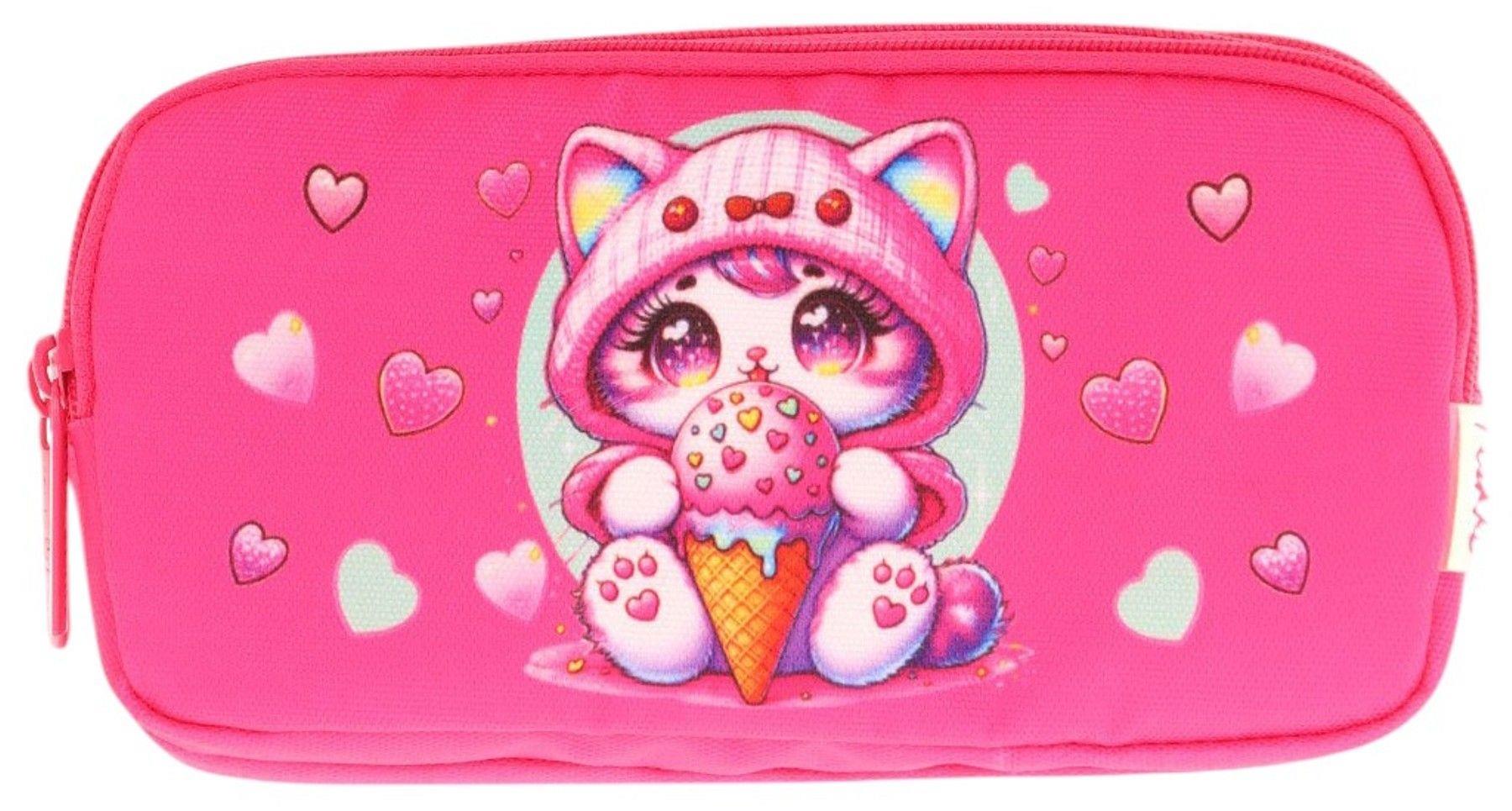 Kaukko Kids Fuşya, Dondurma Yiyen Kedi, Kız Çocuk Üç Gözlü Okul Kalem Çantası - L8250