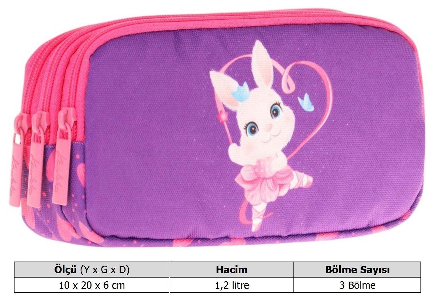 Kaukko Kids Fuşya Mor, Kalpli Tavşan, Kız Çocuk Üç Gözlü Okul Kalem Çantası - L8246