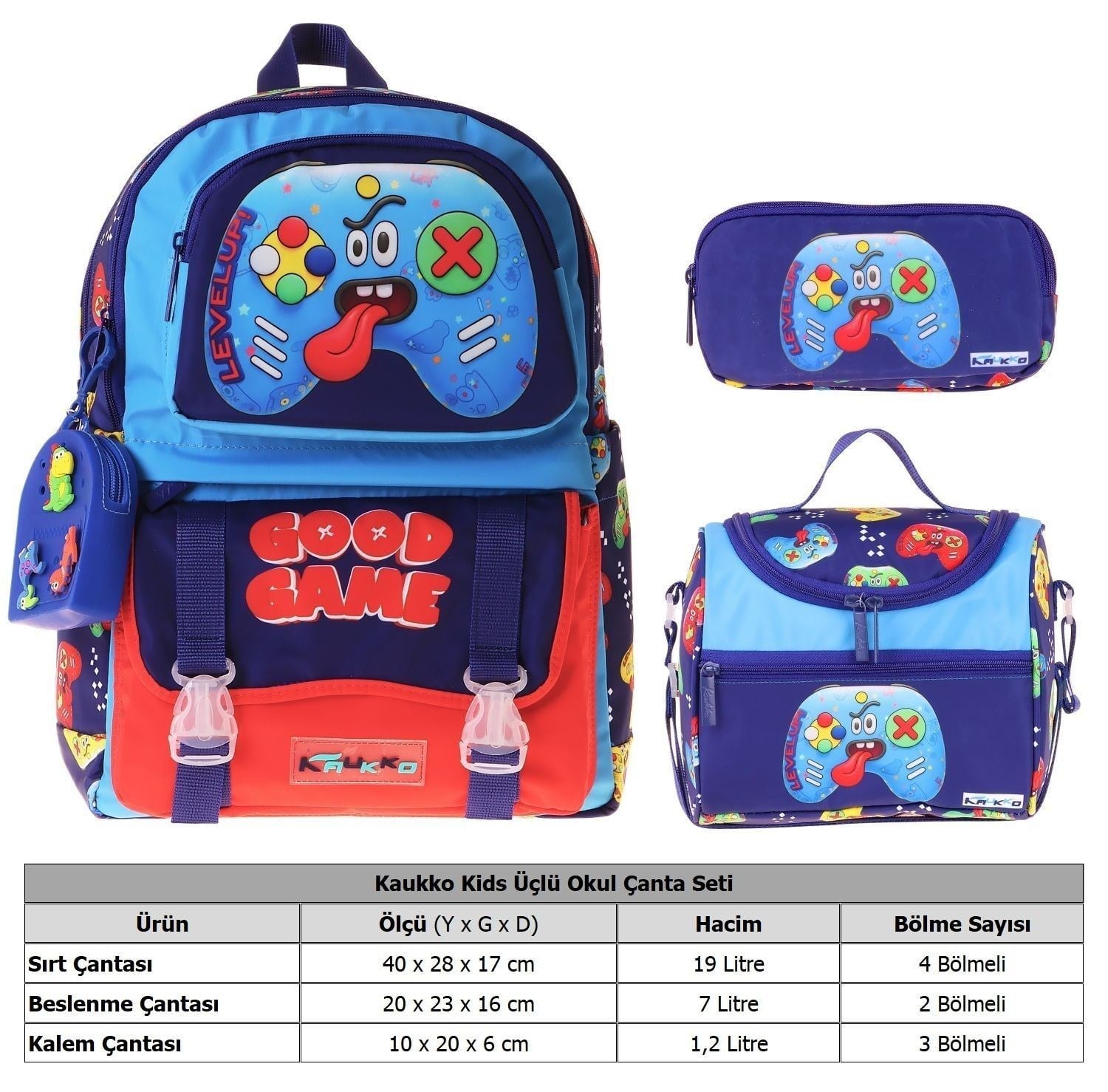 Kaukko Kids Good Game(Lacivert - Kırmızı Renk) Erkek Çocuk Üçlü İlkokul Okul Çantası Seti/Takımı - SETKK-L5389A
