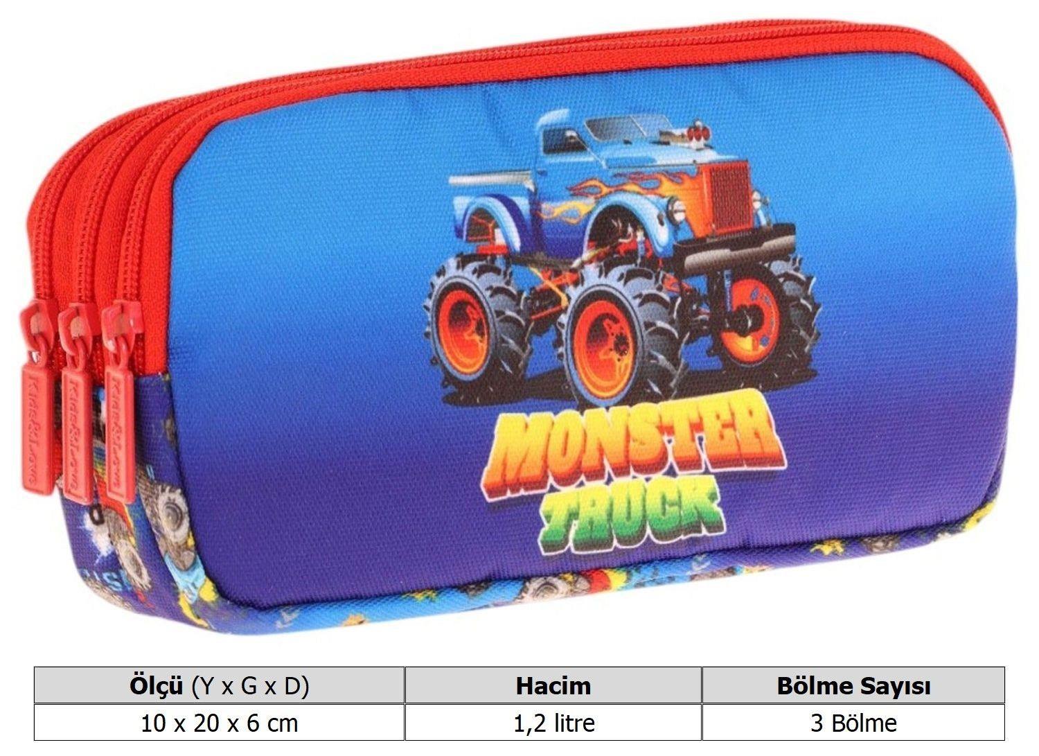 Kaukko Kids Kırmızı Mavi, Monster Truck, Erkek Çocuk Üç Bölmeli Okul Kalem Çantası - L8257