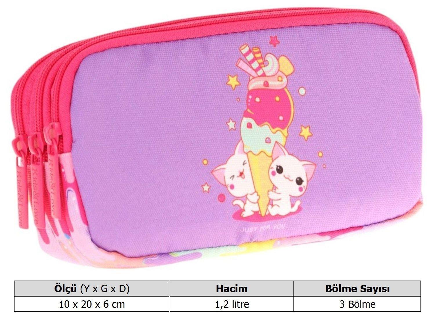 Kaukko Kids Kırmızı Mor, Dondurma Temalı, Kız Çocuk Üç Gözlü Okul Kalem Çantası - L8247