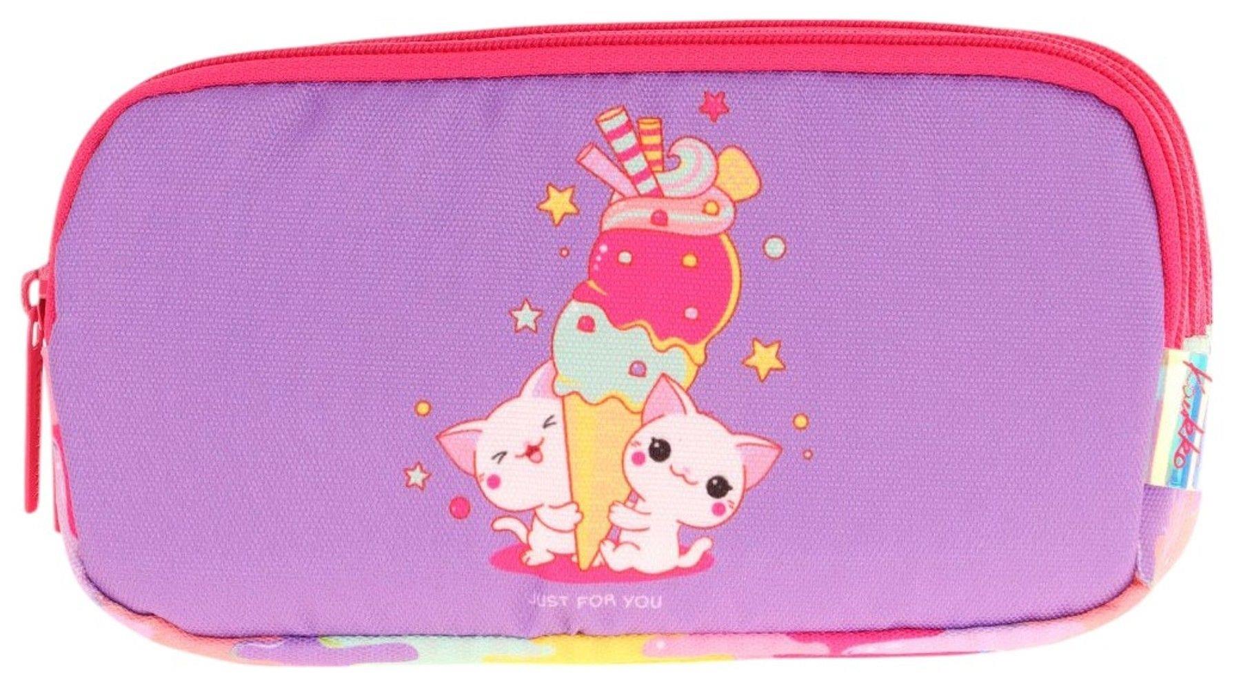 Kaukko Kids Kırmızı Mor, Dondurma Temalı, Kız Çocuk Üç Gözlü Okul Kalem Çantası - L8247