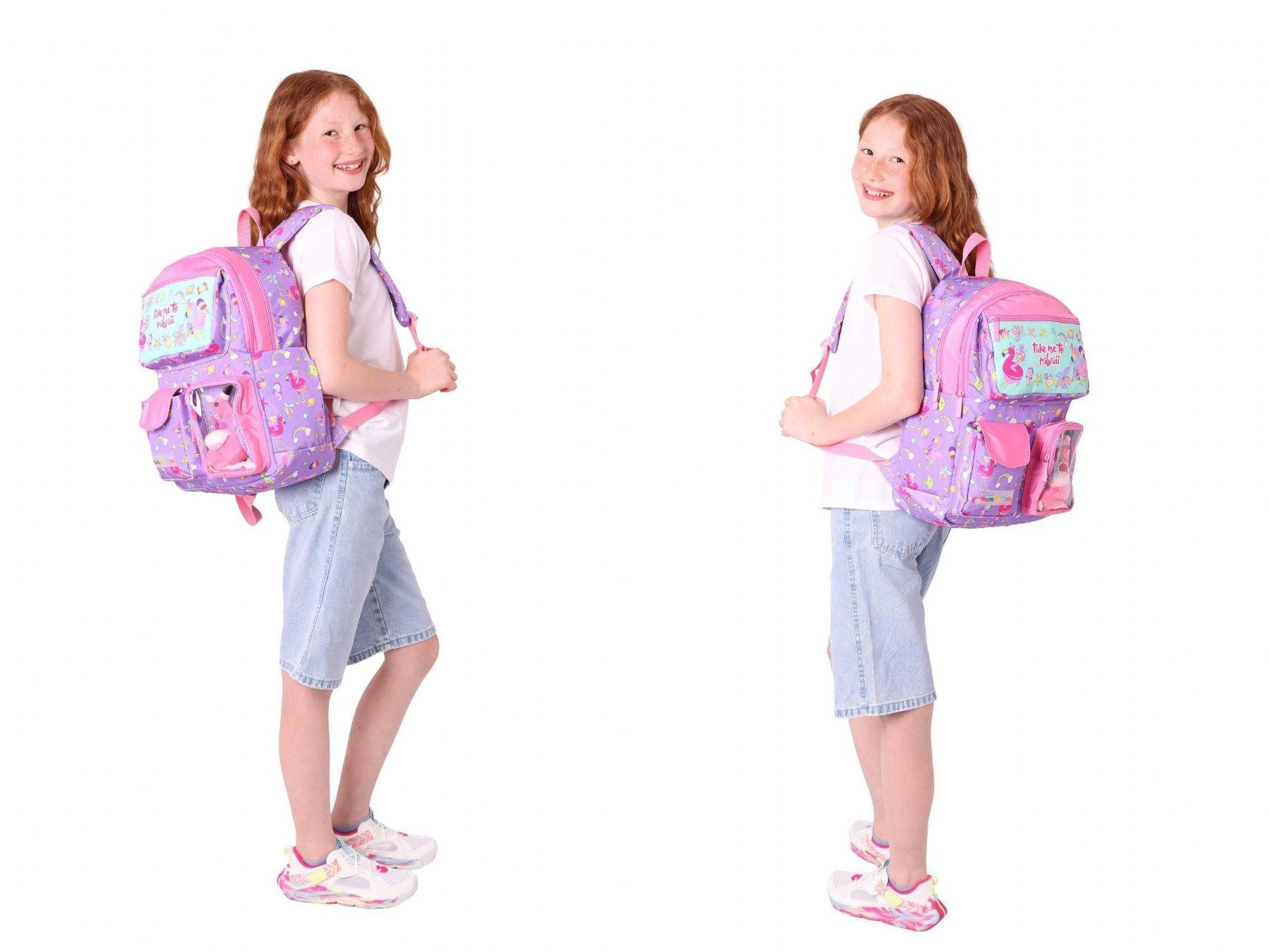 Kaukko Kids Kız Çocuk İlkokul Okul Çantası Seti - Peluş Flamingolu - Mor Pembe (L5240+L7240+L8240)
