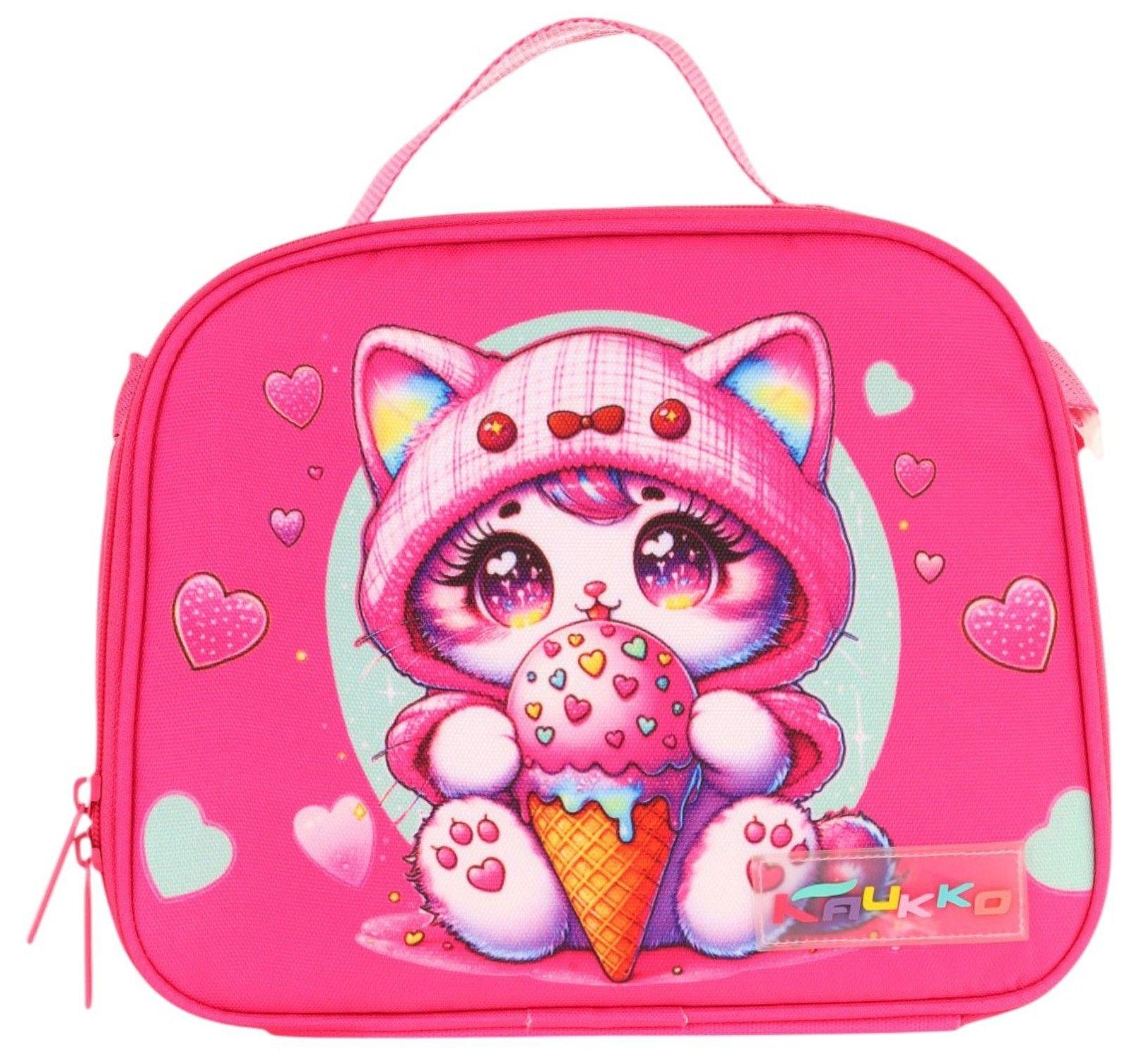 Kaukko Kids Kız Çocuk Isı Yalıtımlı Okul/Piknik Beslenme Çantası (Dondurma Yiyen Kedi) L7250