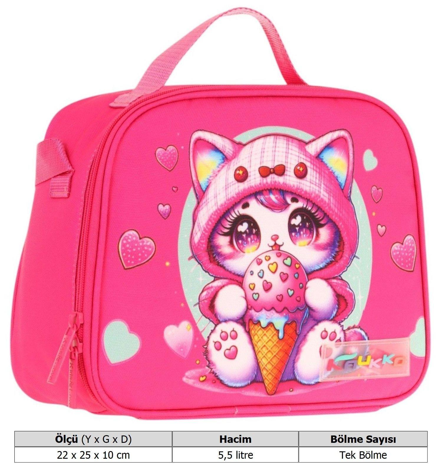 Kaukko Kids Kız Çocuk Isı Yalıtımlı Okul/Piknik Beslenme Çantası (Dondurma Yiyen Kedi) L7250