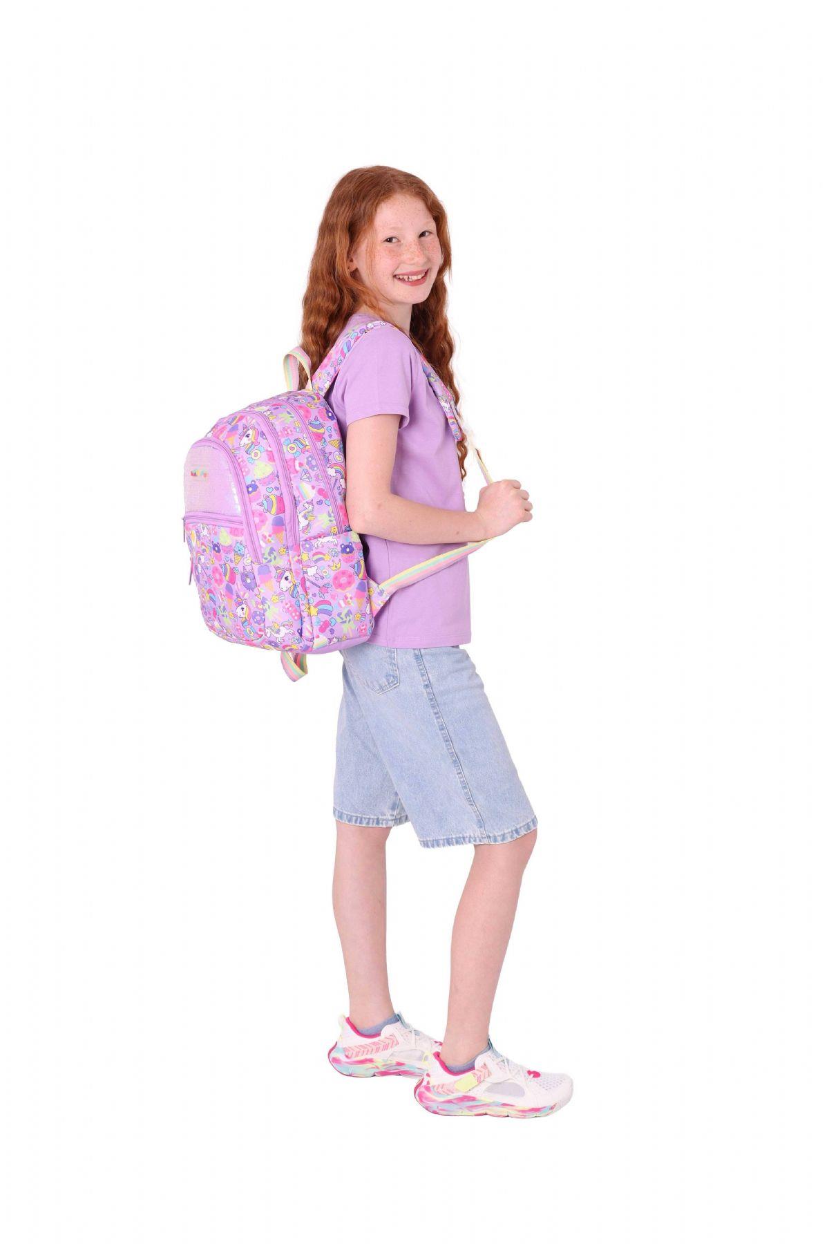 Kaukko Kids Kız Çocuk (Lila - Pullu Sweet Desenli) Dört Gözlü Okul Sırt Çantası - L5215