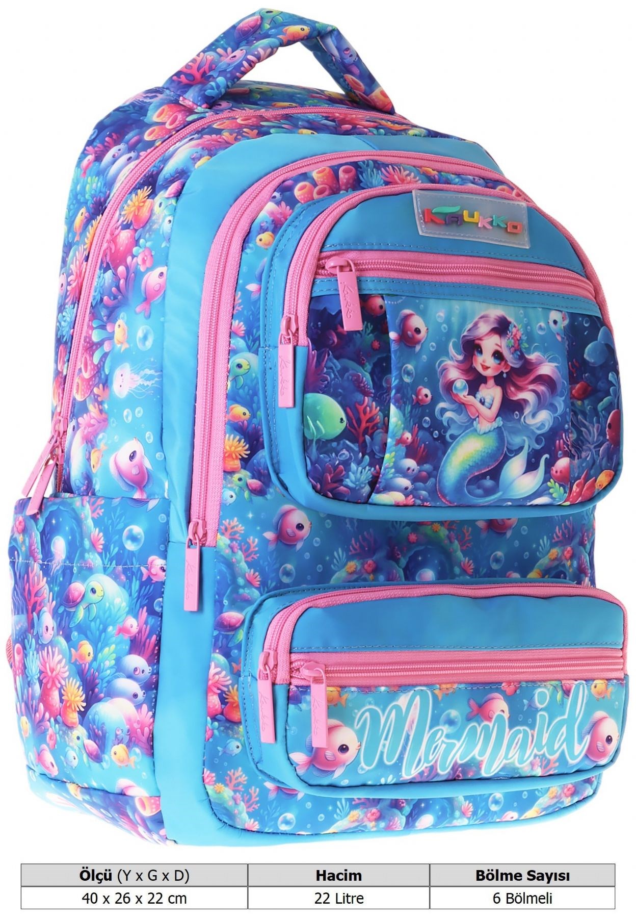 Kaukko Kids Kız Çocuk Mercan ve Denizkızı Baskılı (Coral) Altı Bölmeli İlkokul Sırt Çantası - L5323
