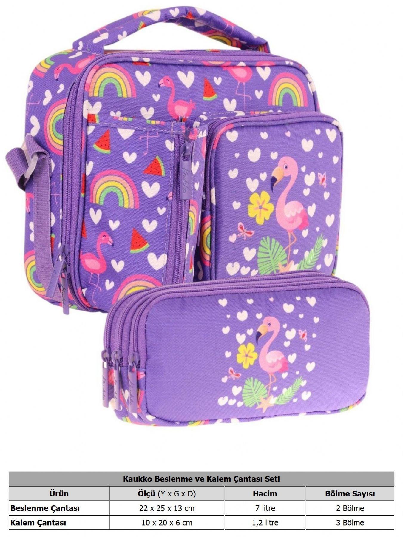 Kaukko Kids Kız Çocuk Pembe Mor Flamingo Üç Bölmeli Thermo Beslenme Çantası ve Kalemlik Seti (L7226+L8226)