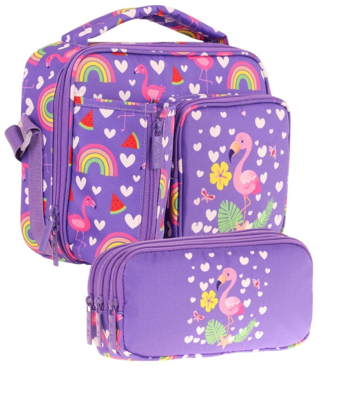 Kaukko Kids Kız Çocuk Pembe Mor Flamingo Üç Bölmeli Thermo Beslenme Çantası ve Kalemlik Seti (L7226+L8226)
