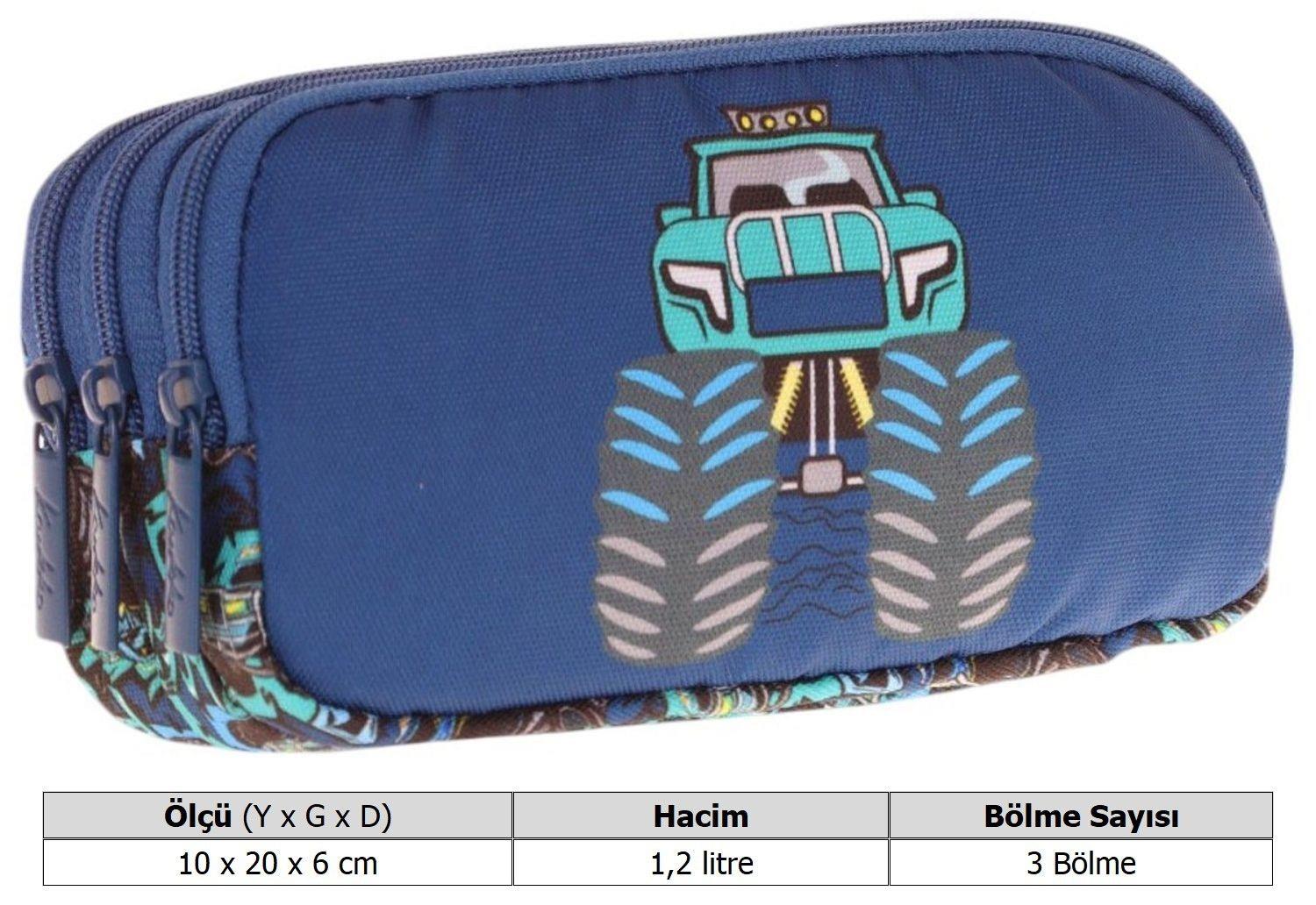 Kaukko Kids Lacivert Turkuaz, Kamyon, Erkek Çocuk Üç Bölmeli Okul Kalem Çantası - L8261
