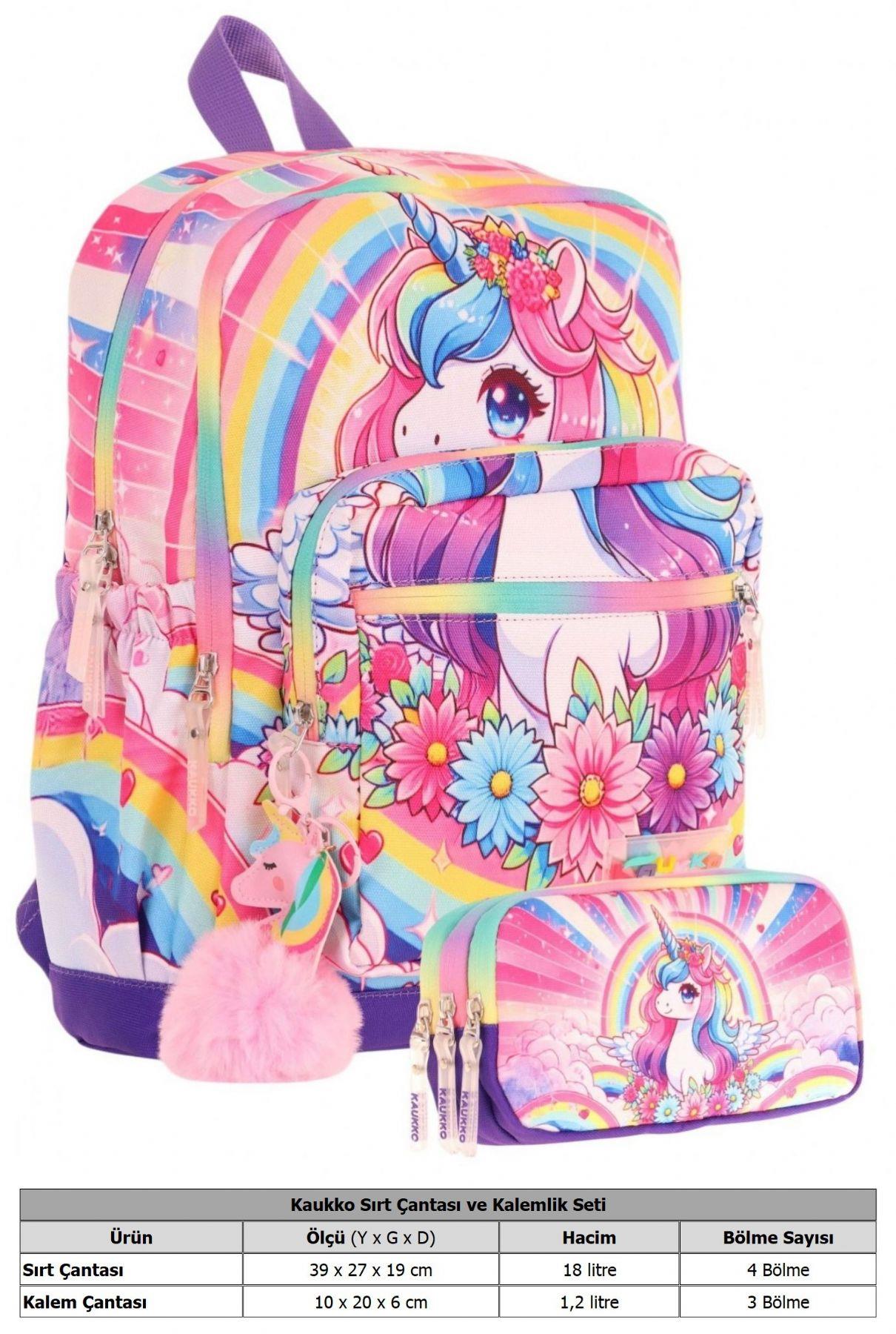 Kaukko Kids Layer Kız Çocuk Okul Çantası + Kalem Çantası Seti (Pembe Mor - Unicorn)