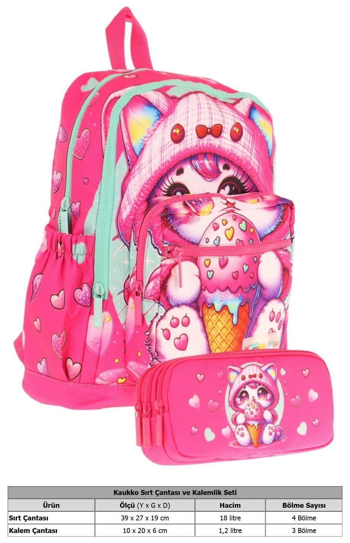 Kaukko Kids Layer Kız Çocuk Okul Çantası + Kalem Çantası Seti (Pembe - Dondurma Yiyen Kedi)